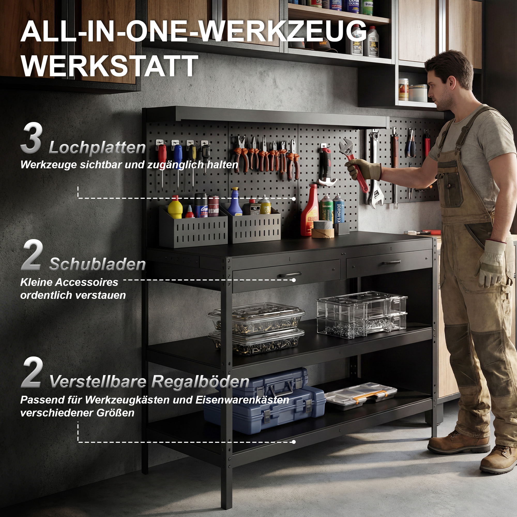Werkbank mit verstellbaren Regalen, robuste Arbeitsstation mit Lochwand und 2 Schubladen, 122 x 61 x 156 cm, Schwarz