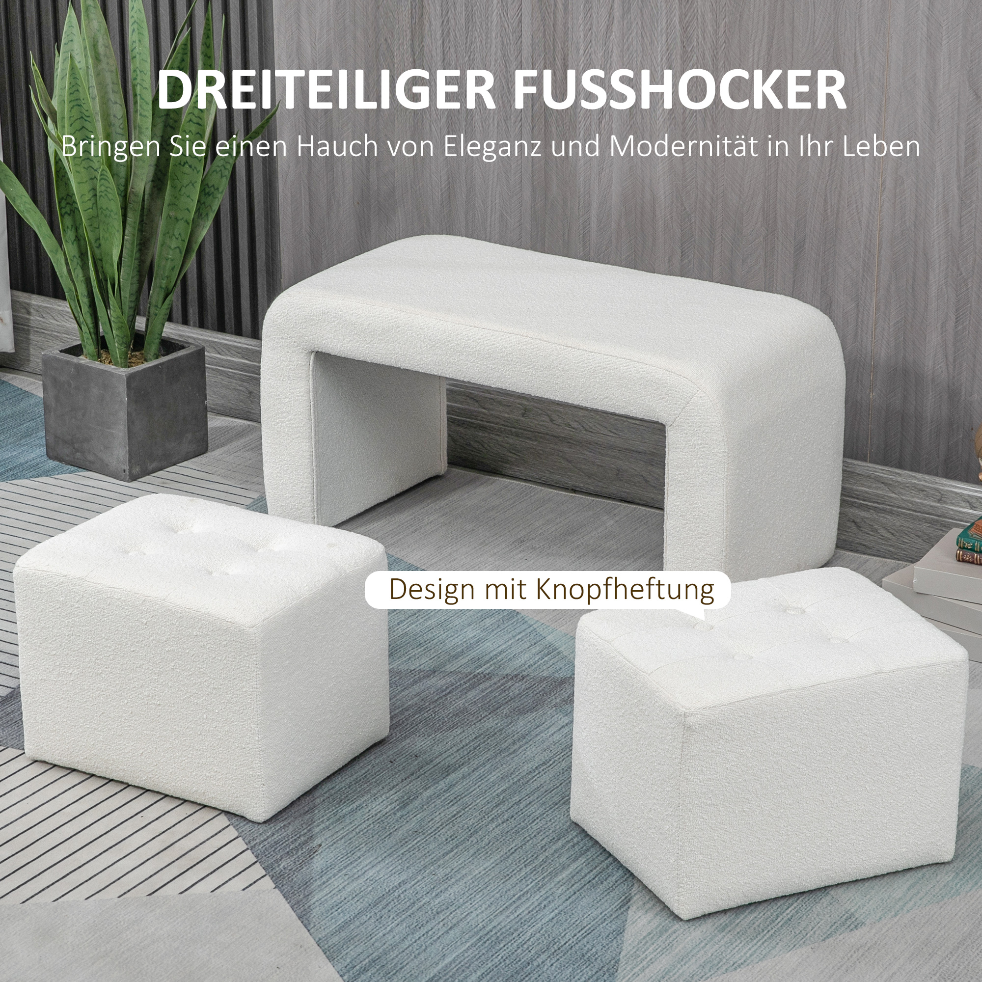 Fußhocker-Set Fußhocker 3-teilig, Knopfheftung, 89 cm x 42,5 cm x 45 cm, Creme
