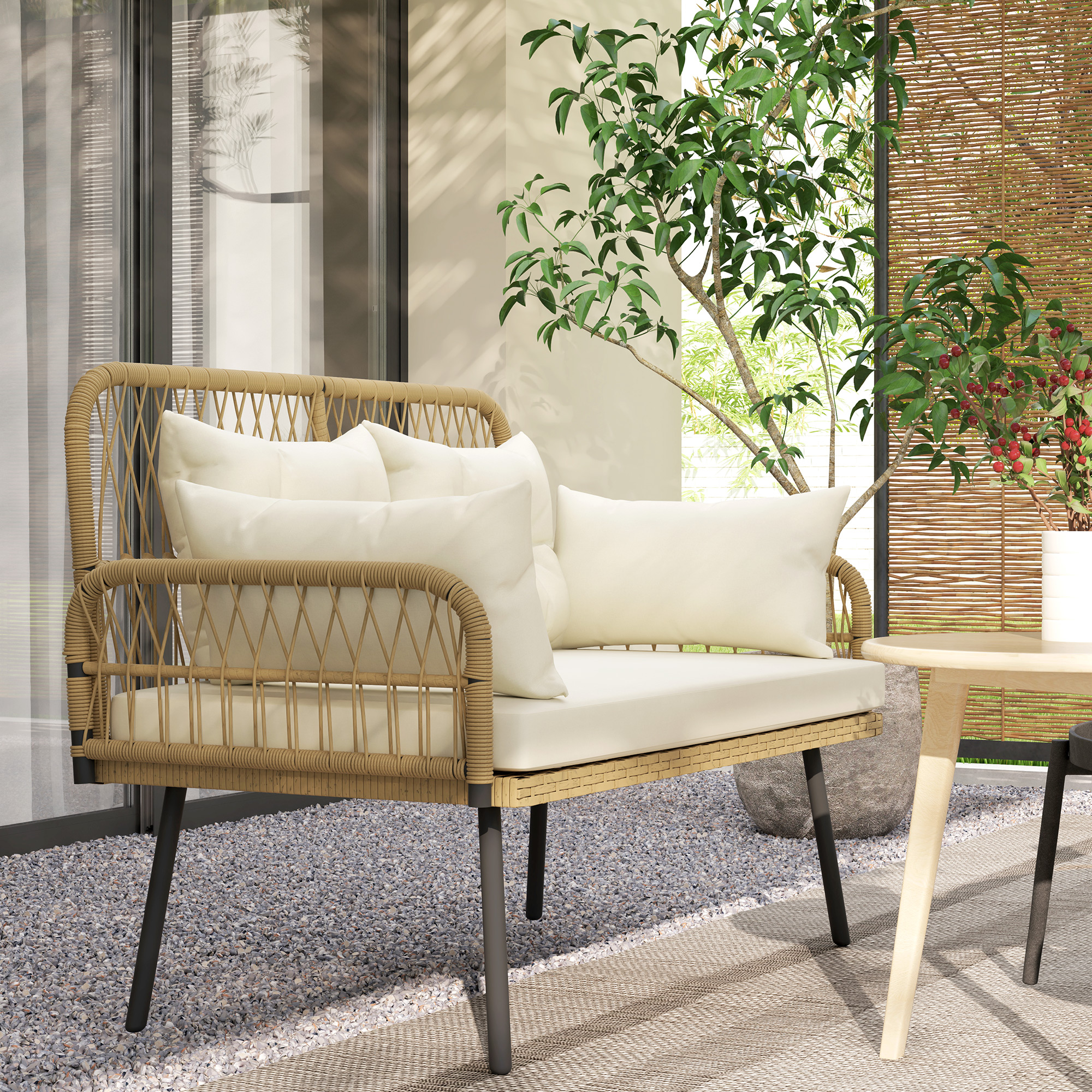 Gartensofa mit Kissen 2-Sitzer Sofa Outdoor Balkon Sofa Rattansofa Polyrattan 115 x 61 x 82 cm Naturholz