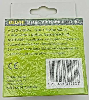 DELPHI Taster mit Namensschild / 0-250V~/ 10A, inkl. Rahmen, UP, silber