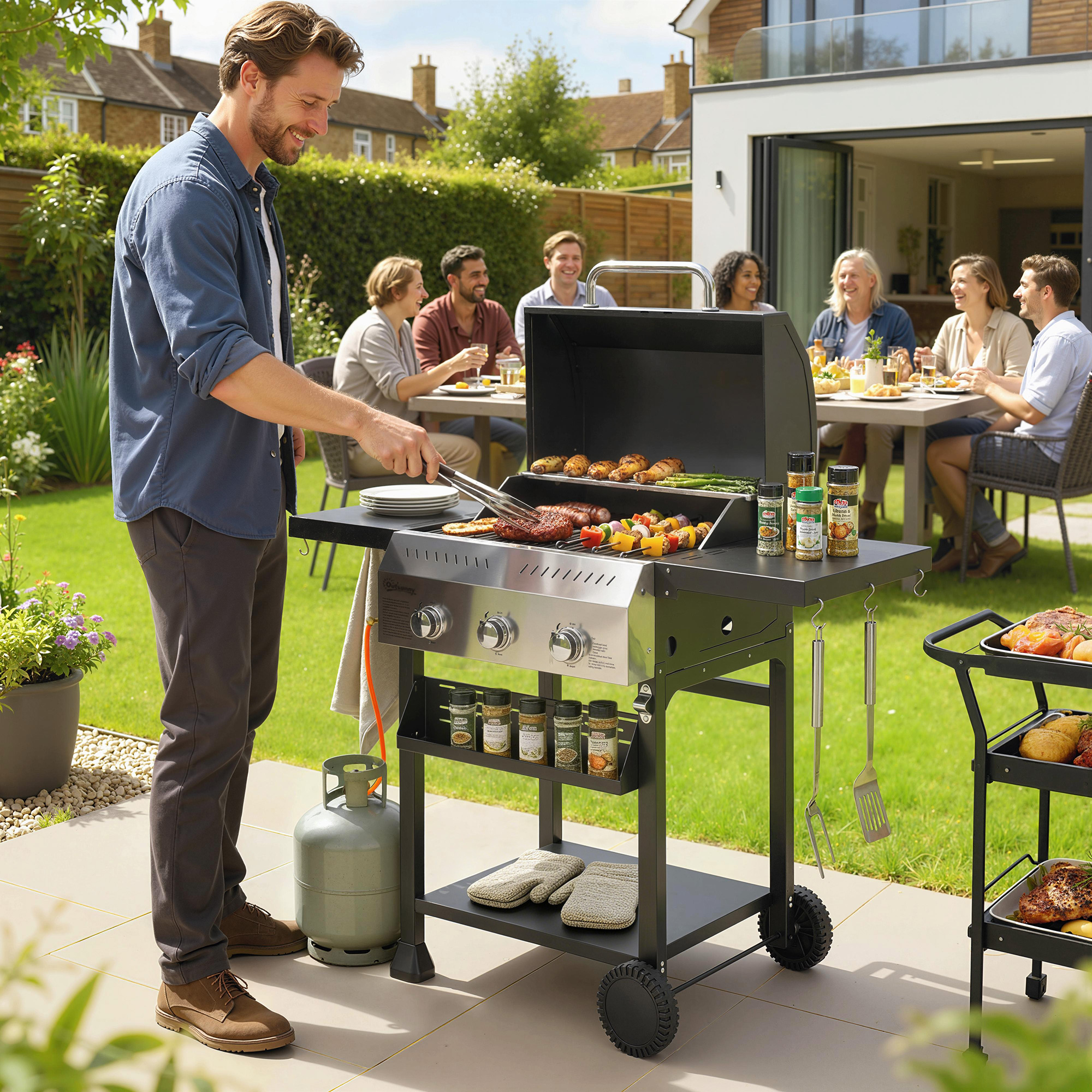 Gasgrill 9kW 3 Brenner BBQ Grillwagen Edelstahl inkl klappbar Seitentisch Gewürzhalter Unterregal 6 Haken