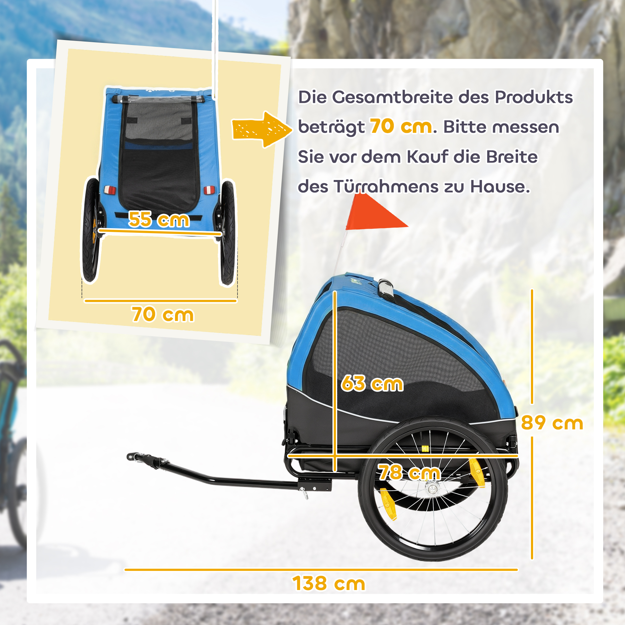 Hundeanhänger Faltbar mit Reflektoren Mesh-Fenster Rädern Tür Sicherheitsflagge für Hunde bis 20 kg 138x70x89 cm Blau