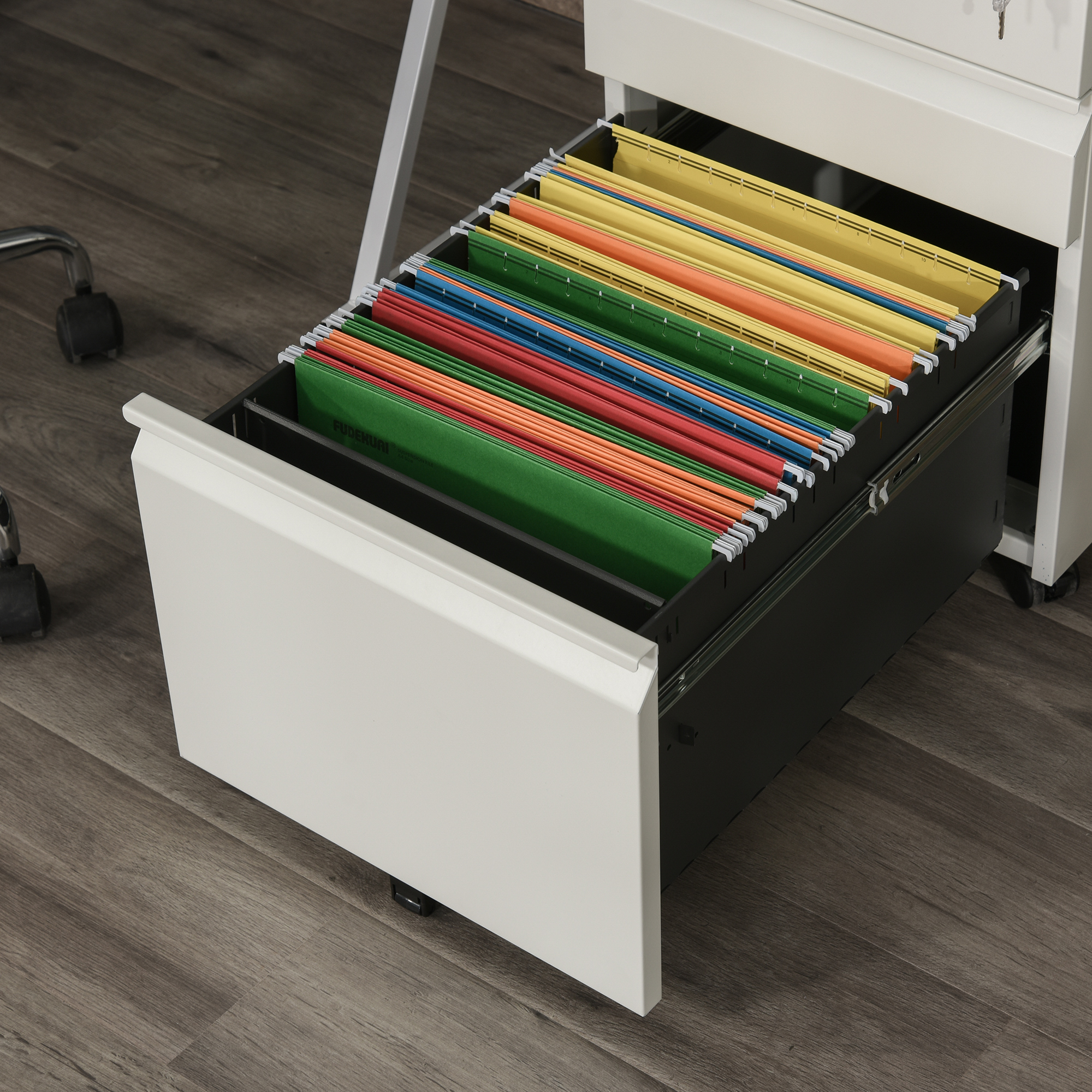 Rollcontainer mit 3 Schubladen mobiler Aktenschrank mit Rollen abschließbar Büroschrank mit konkavem Griff, Schubladenschrank für Büro, Homeoffice, 39 x 48 x 60 cm, Weiß