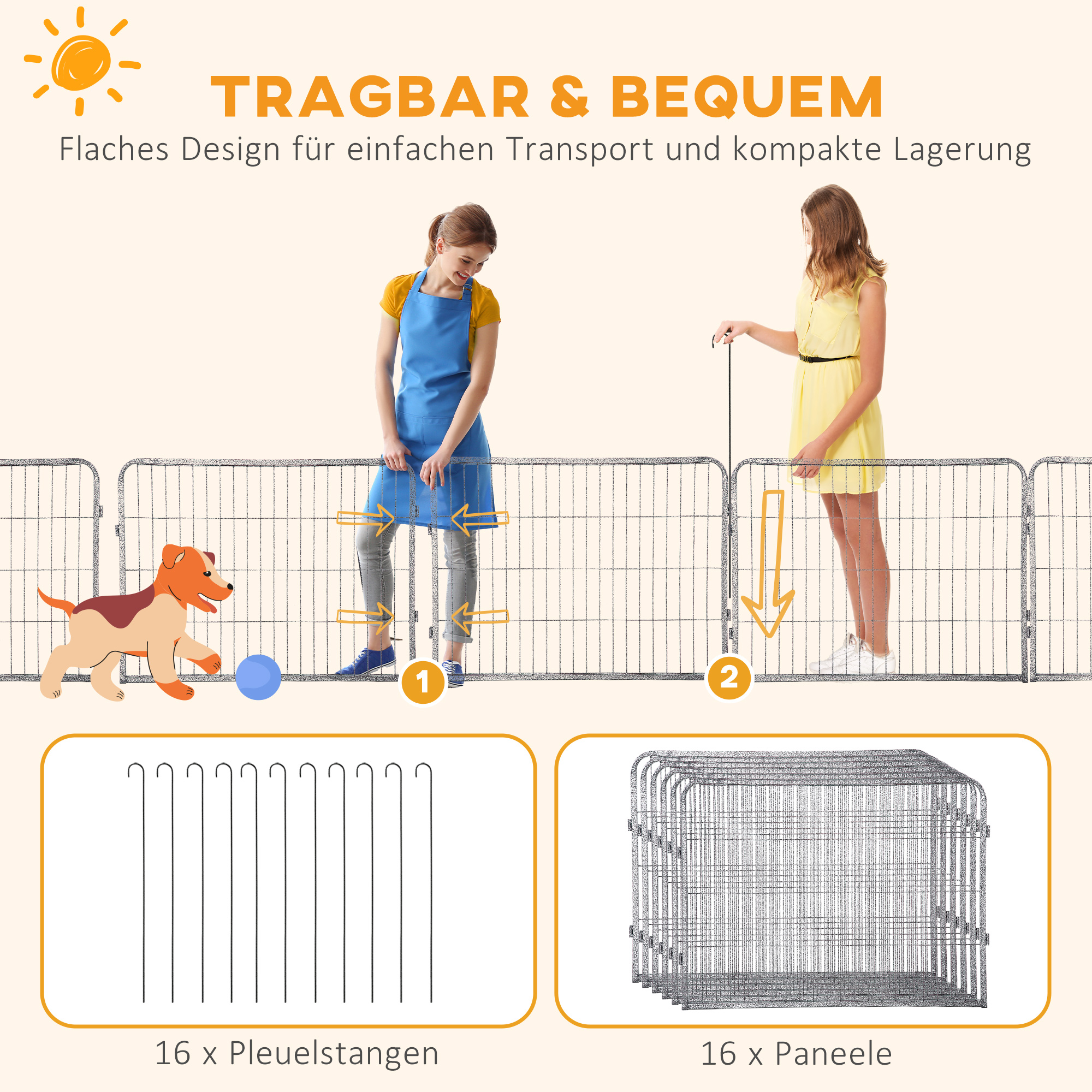 Welpenauslauf Freigehege 16 Segmente 60 cm Hoch Laufstall für Haustier welpengitter Zaun Laufgitter Laufstall Hundegehege Outdoor Gitter Welpen gestaltbar mit 2 Tür Stahl Grau