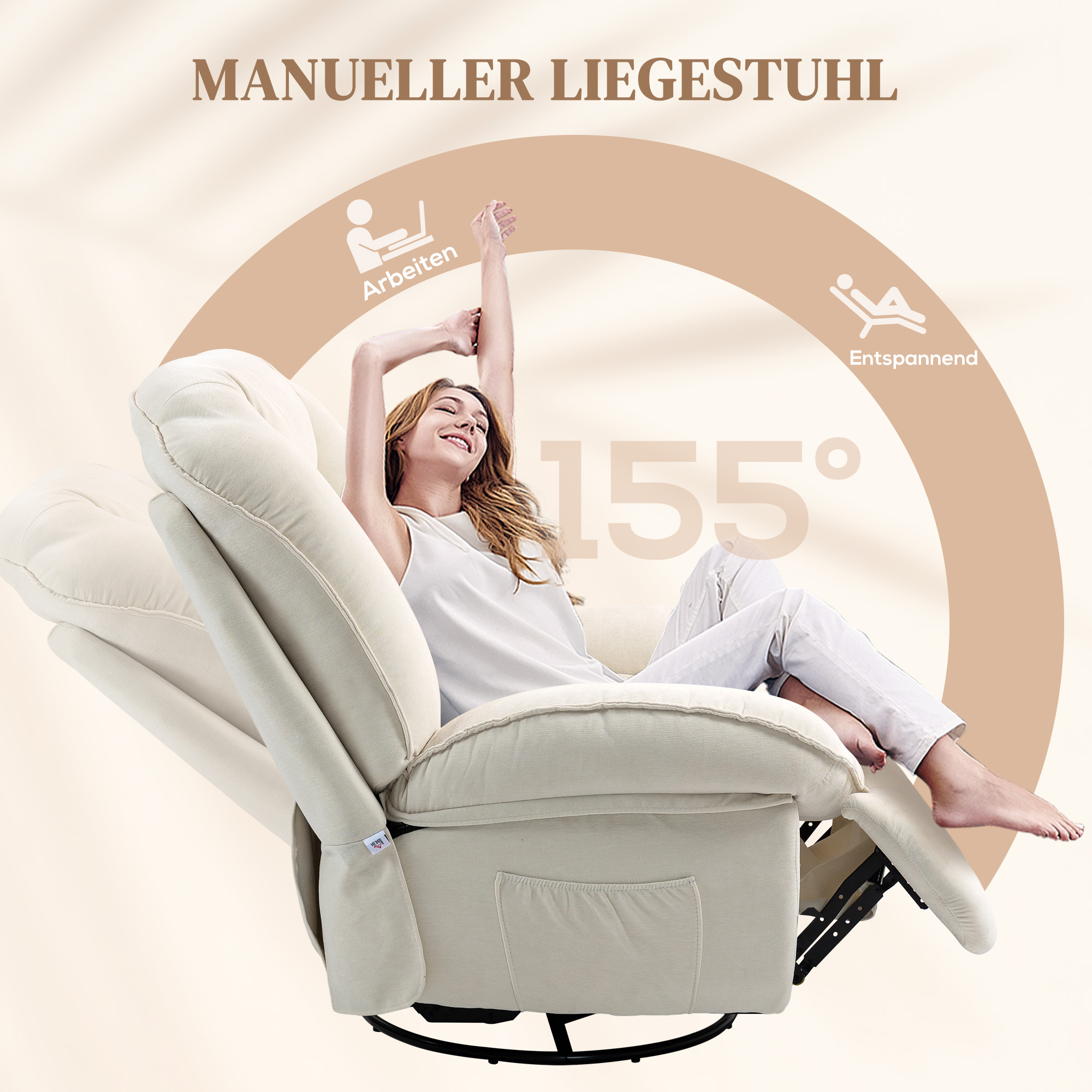 Relaxsessel, verstellbar, 104x100x102cm/164x76cm, Cremeweiß
