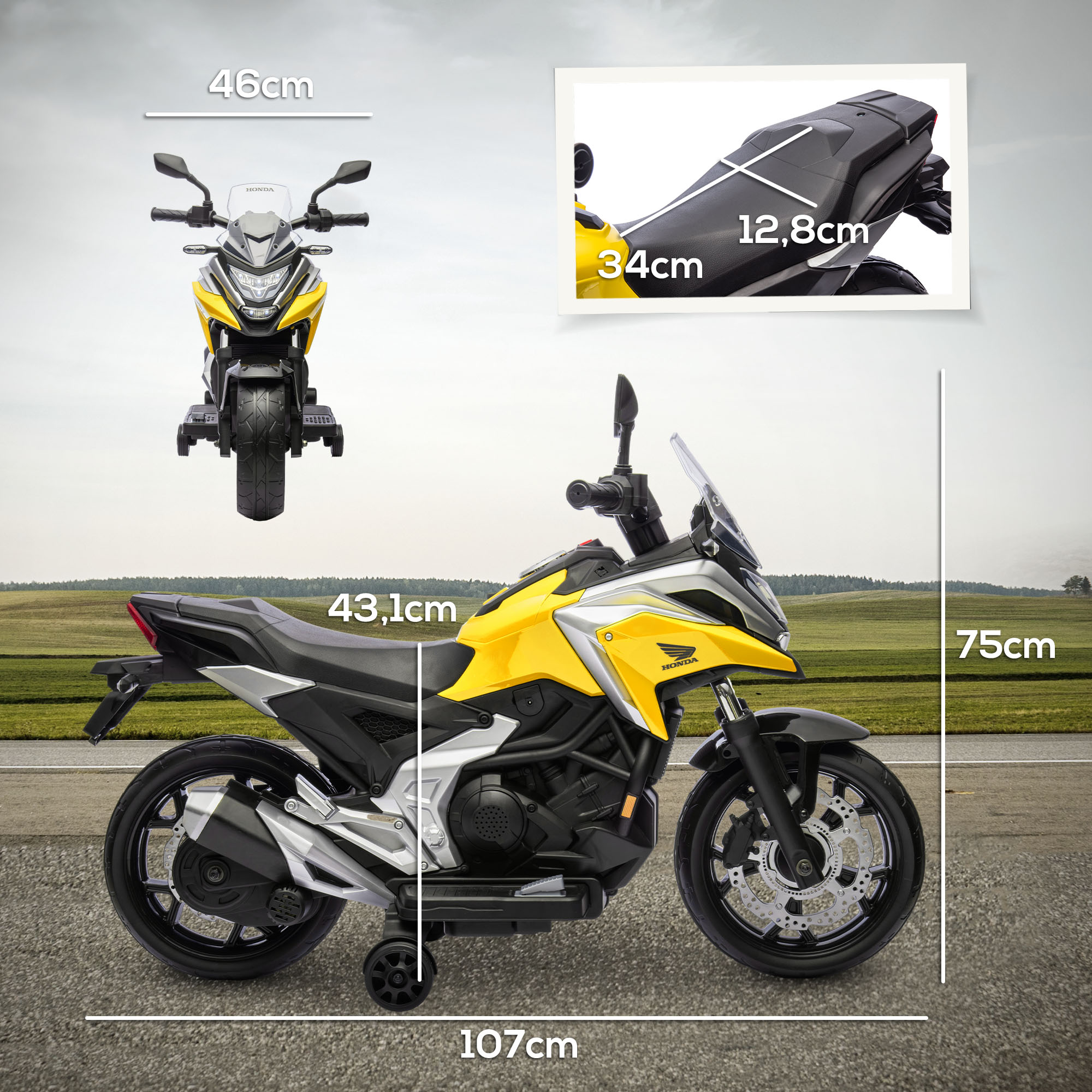 Elektro-Kindermotorrad, Honda, 3 km/h, Musik & Licht, 3-6 Jahre, bis 30 kg, Gelb