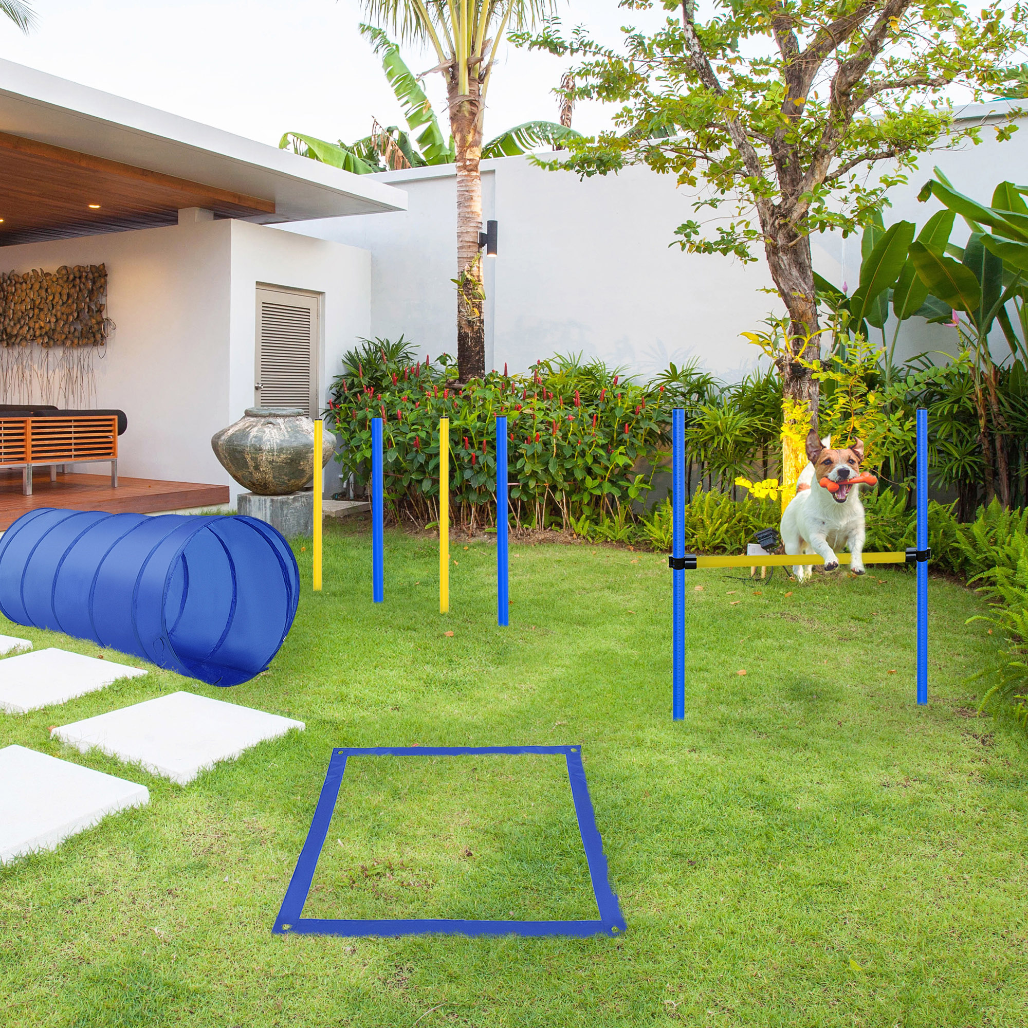 Agility Set Hunde 5-teiliges Agility-Ausrüstung für Hundetraining Steckhürdenset mit Hundetunnel 4 Slalomstangen höhenverstellbar Hürden Pause-Box Tragetasche Agilityset für Spiele Training