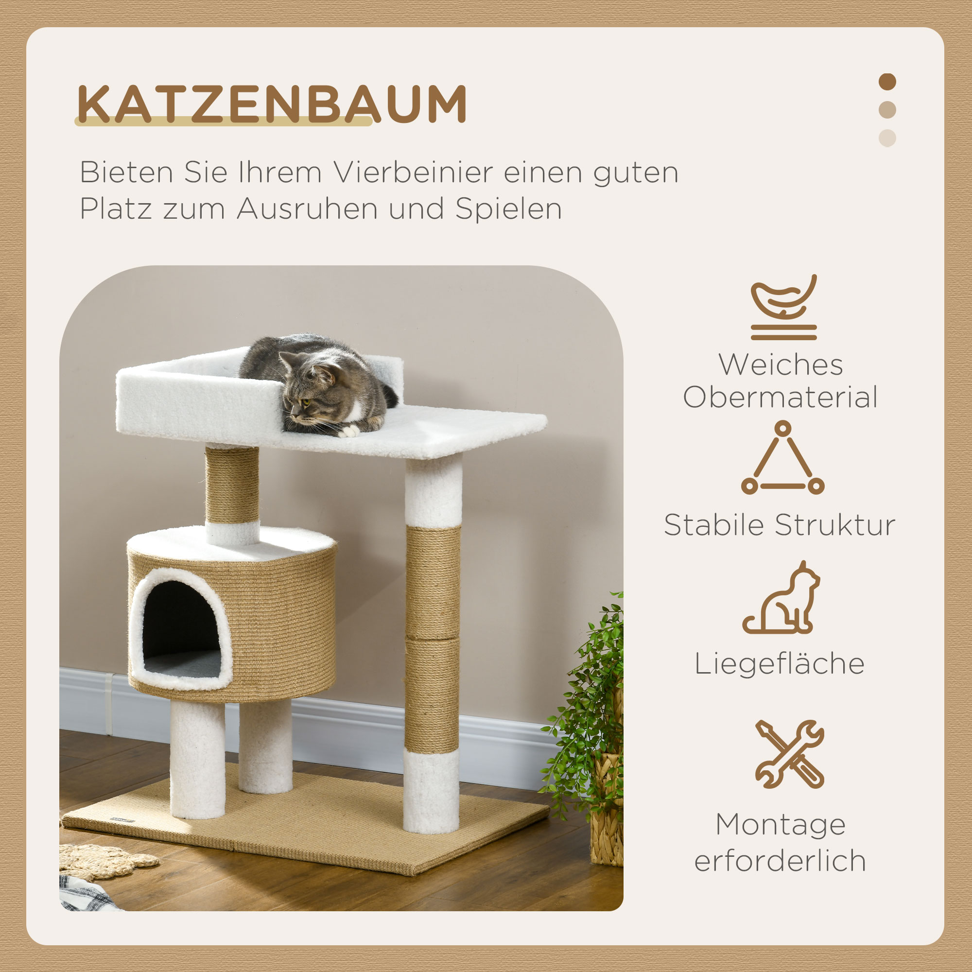 Kratzbaum Katzenbaum Katzenhöhle, 1 Katzenhöhle, 1 Liegefläche, 70 cm  x 49 cm x 79 cm, Natur + Weiß