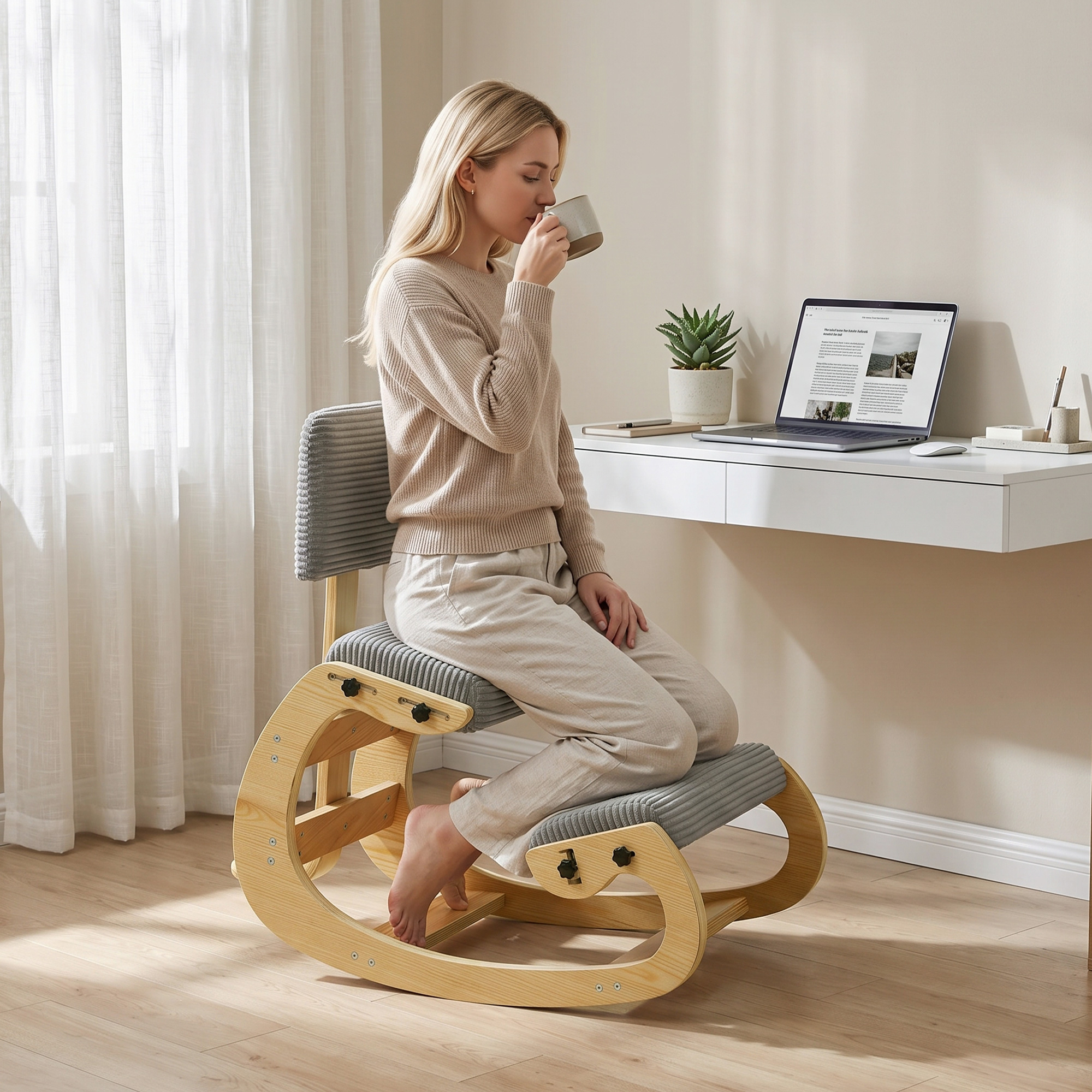 Ergonomischer Kniestuhl, Kniehocker mit Rückenlehne, Cord-Optik, Bürostuhl für Zuhause, Büro, Meditation, Dunkelgrau
