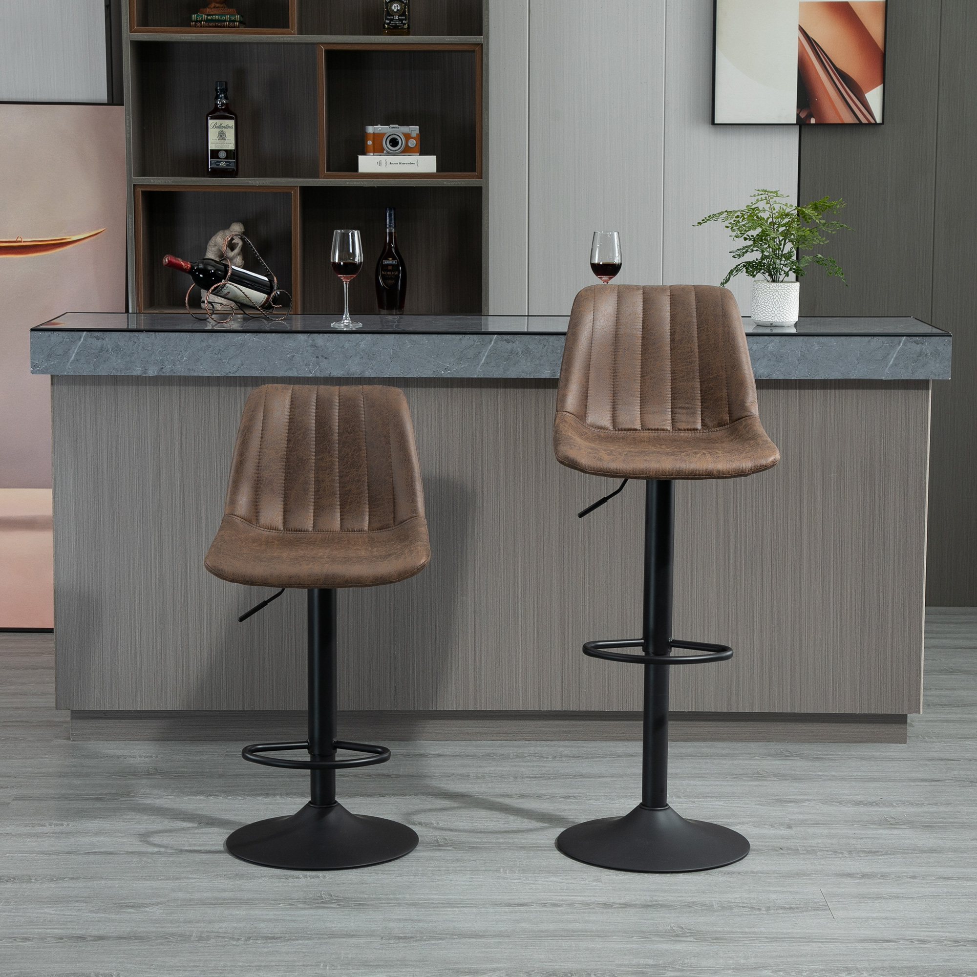 2er-Set Barhocker im Retrodesign, inkl. Fußstütze, höhenverstellbar, Gaslift, Braun + Schwarz