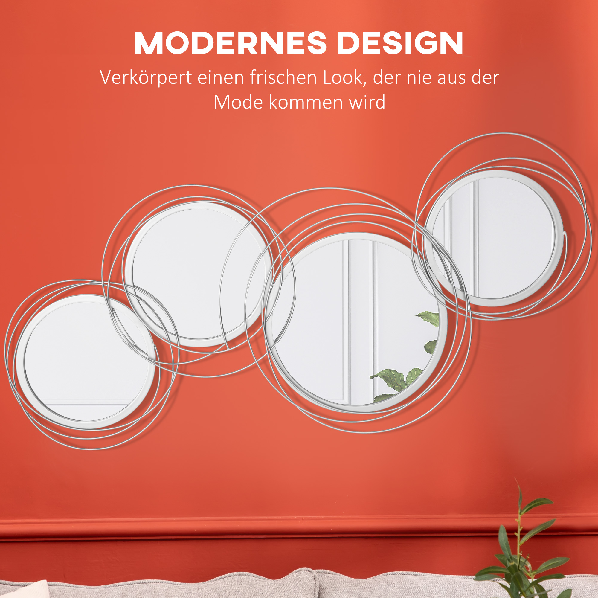 Spiegel-Set für Wanddekoration, Wandschmuck mit 4 runden Spiegeln, Wandspiegel, Flurspiegel,107 x 4 x 56 cm