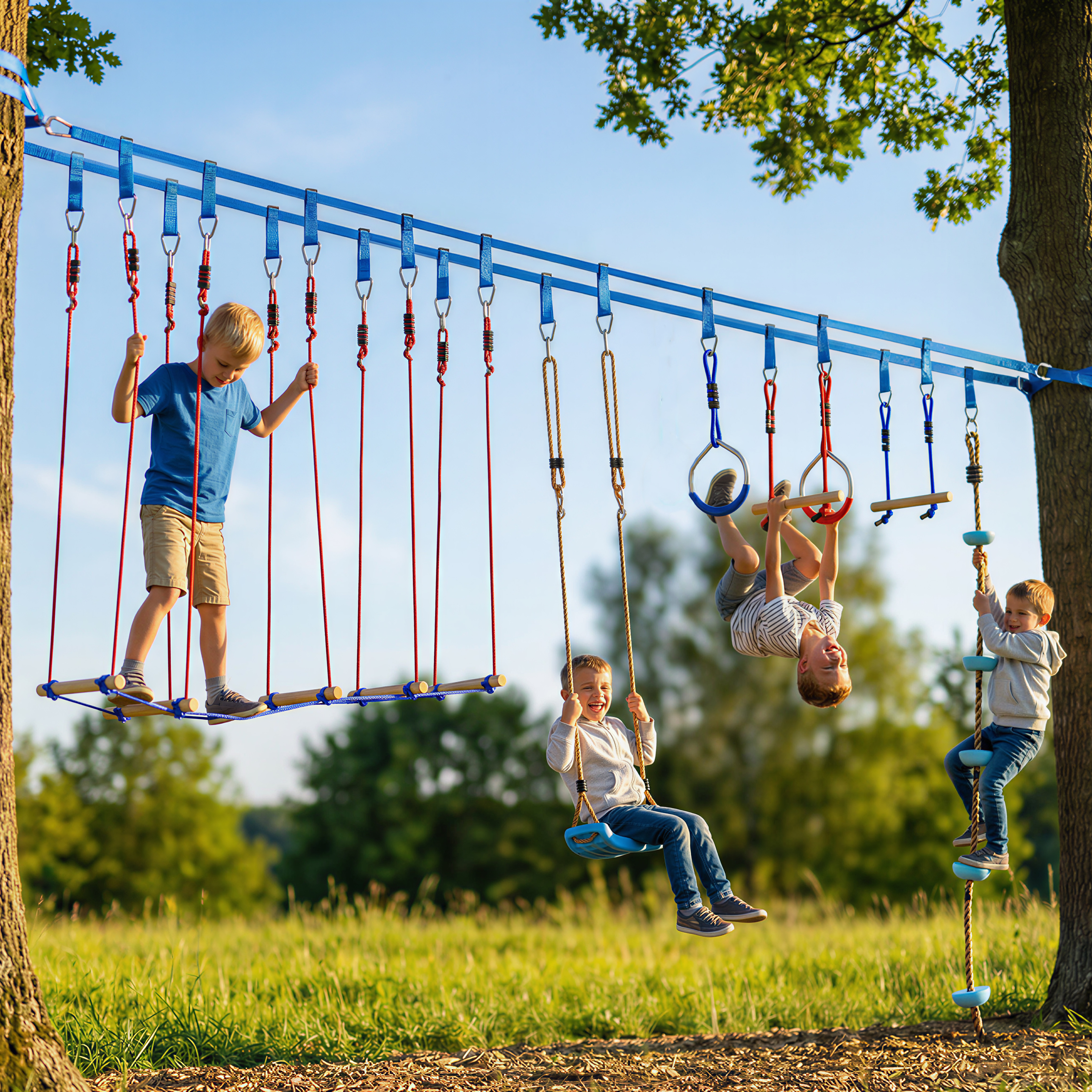 Ninja Line Kinder 24 m Slackline Set mit Turnringe 7 Hindernissen Kletterstange Balancierbrücke für 3-6 Jahre Rot+Blau