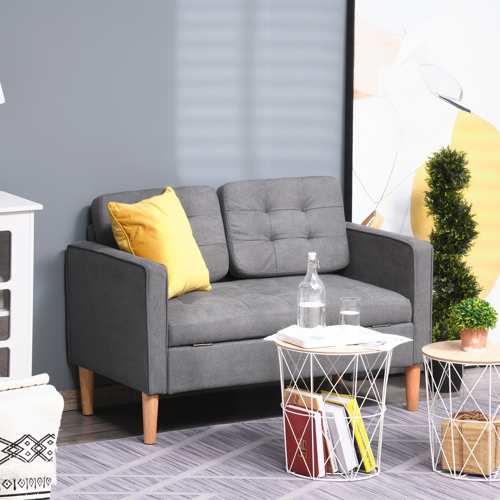 2 Sitzer Sofa, Couch mit Stauraum, Holzbeine, gepolstertes Polstersofa mit Samtoptik für Wohnzimmer, Schlafzimmer, 117x 62 x 78 cm, Grau