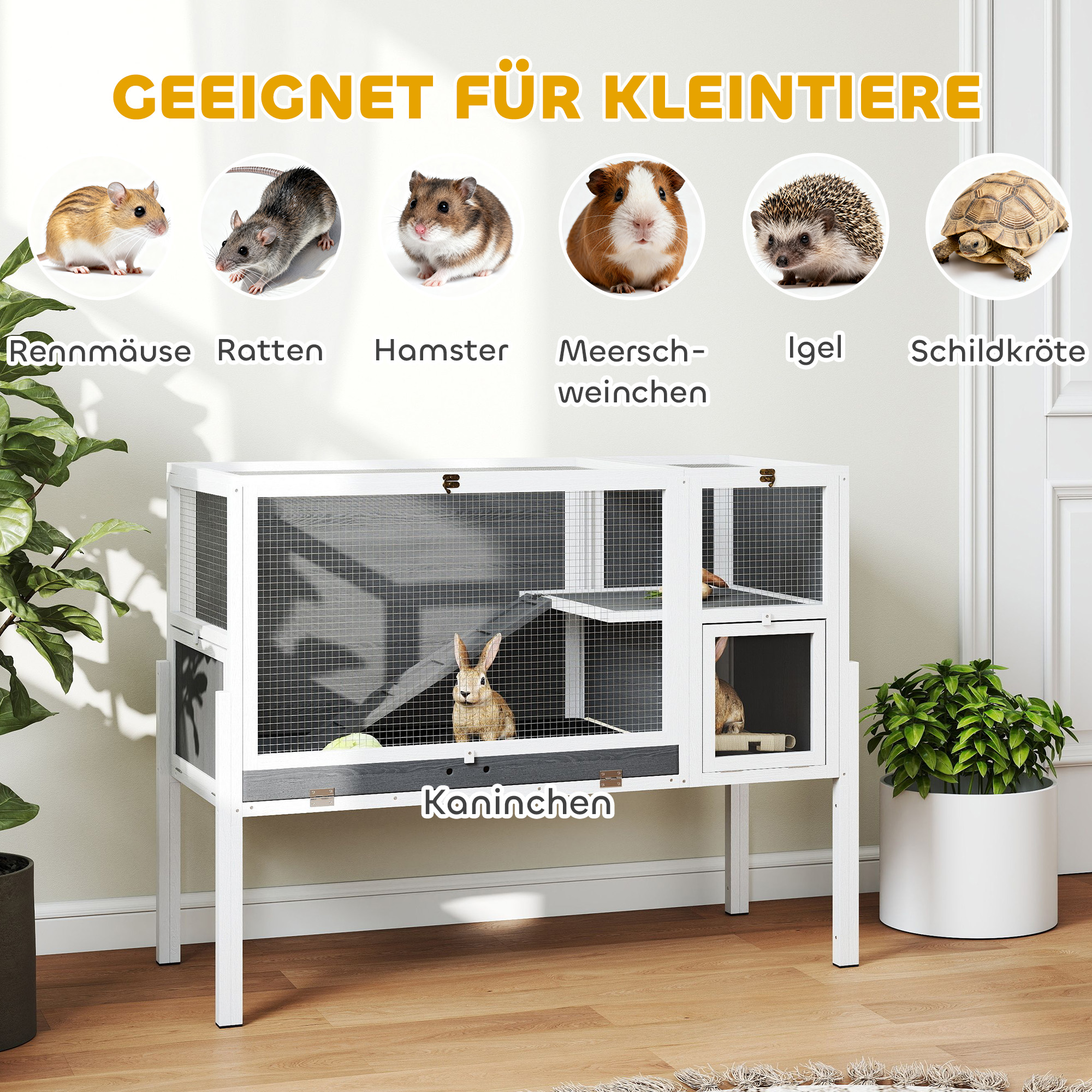Kleintierstall für Zwerghamster, Kaninchen, Meerschweinchen, mit Zubehör, erhöhtes Design, Holz, Metall, Grau
