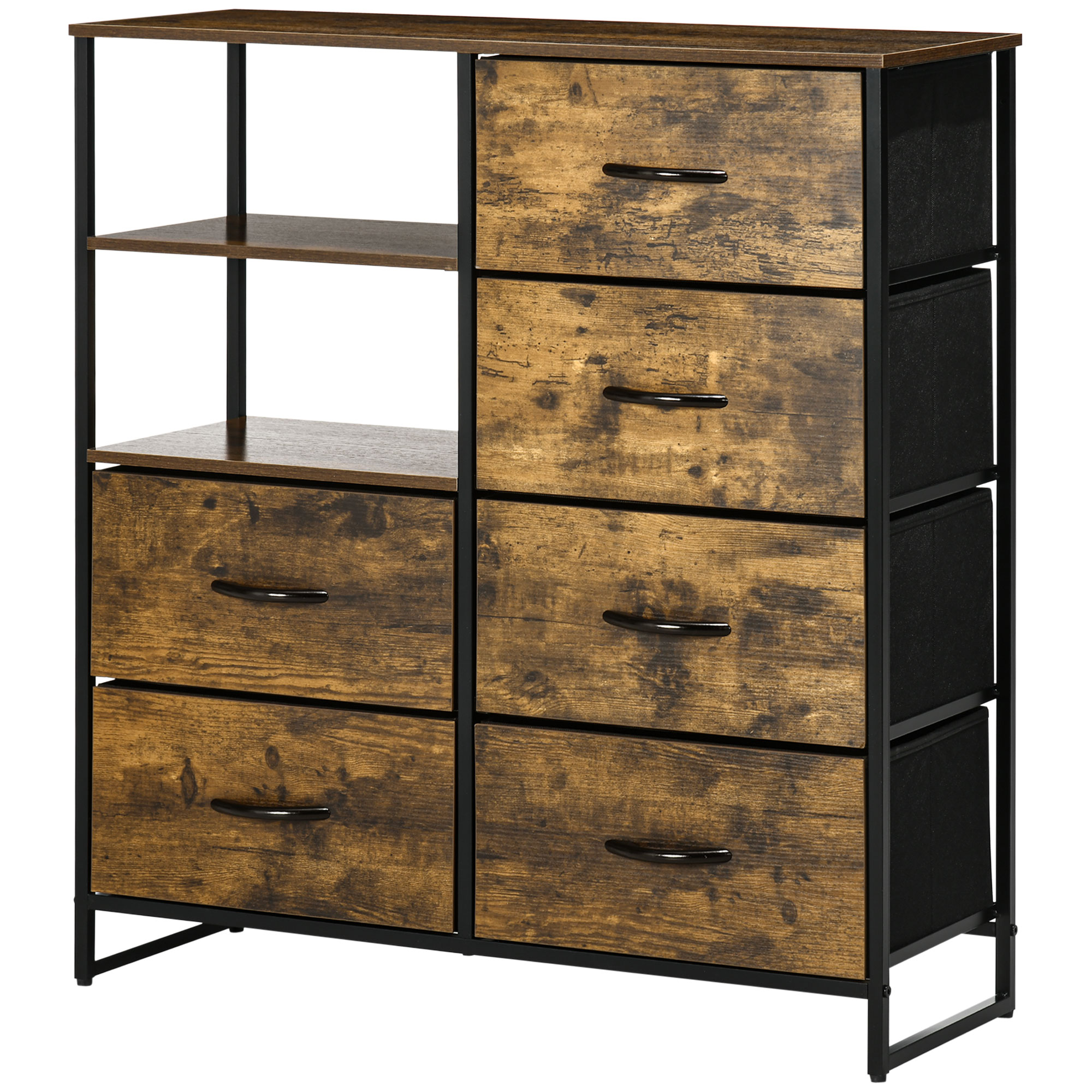 Kommode mit sechs Schubladen, offene Regale, MDF und Stahl, 84x30x92 cm, Braun/Schwarz, verstellbare Füße Kommode mit sechs Schubladen, offene Regale, MDF und Stahl, 84x30x92 cm, Braun/Schwarz, verstellbare Füße