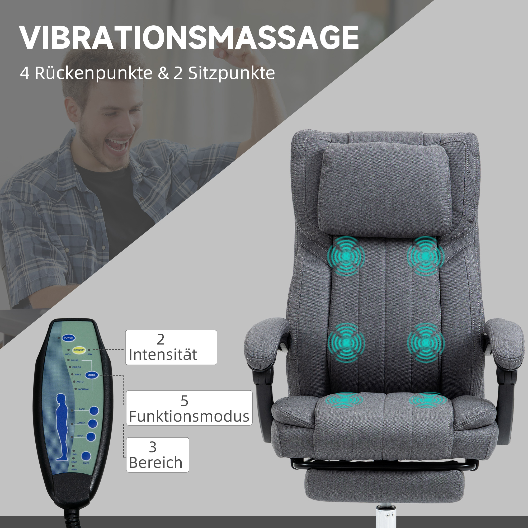 Bürostuhl mit Massagefunktion, neigbare Rücklehne, ausziehbare Fußstütze, Leinenoptik, grau, 65 x 61 x 113 cm