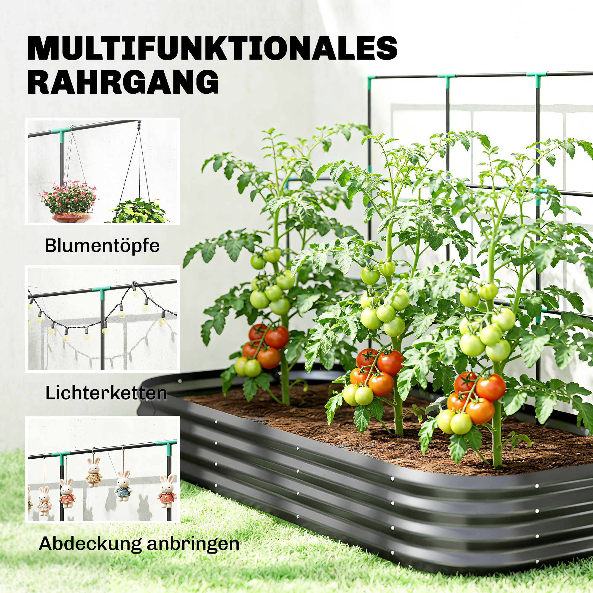 Hochbeet mit Rankgitter, Metall Pflanzkasten mit Schutzkante Handschuhe 220 x 110 x 150 cm, Dunkelgrau