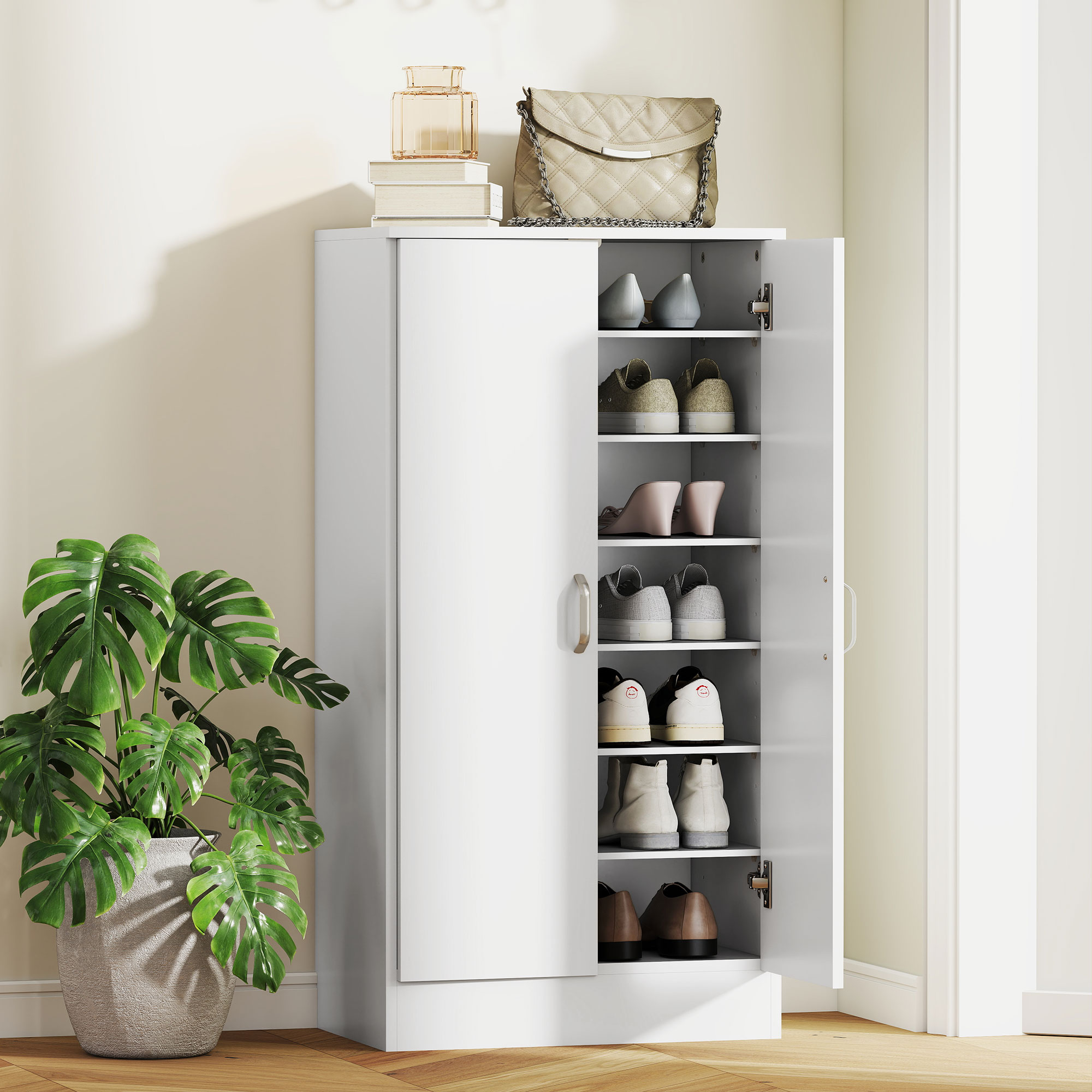 Schuhschrank mit Soft-Close-Scharnieren, verstellbare Regale, 6-stufiges Schuhregal für Flur, Eingangsbereich, für 14 Paare, 55 x 35 x 108 cm, Holz, Weiß