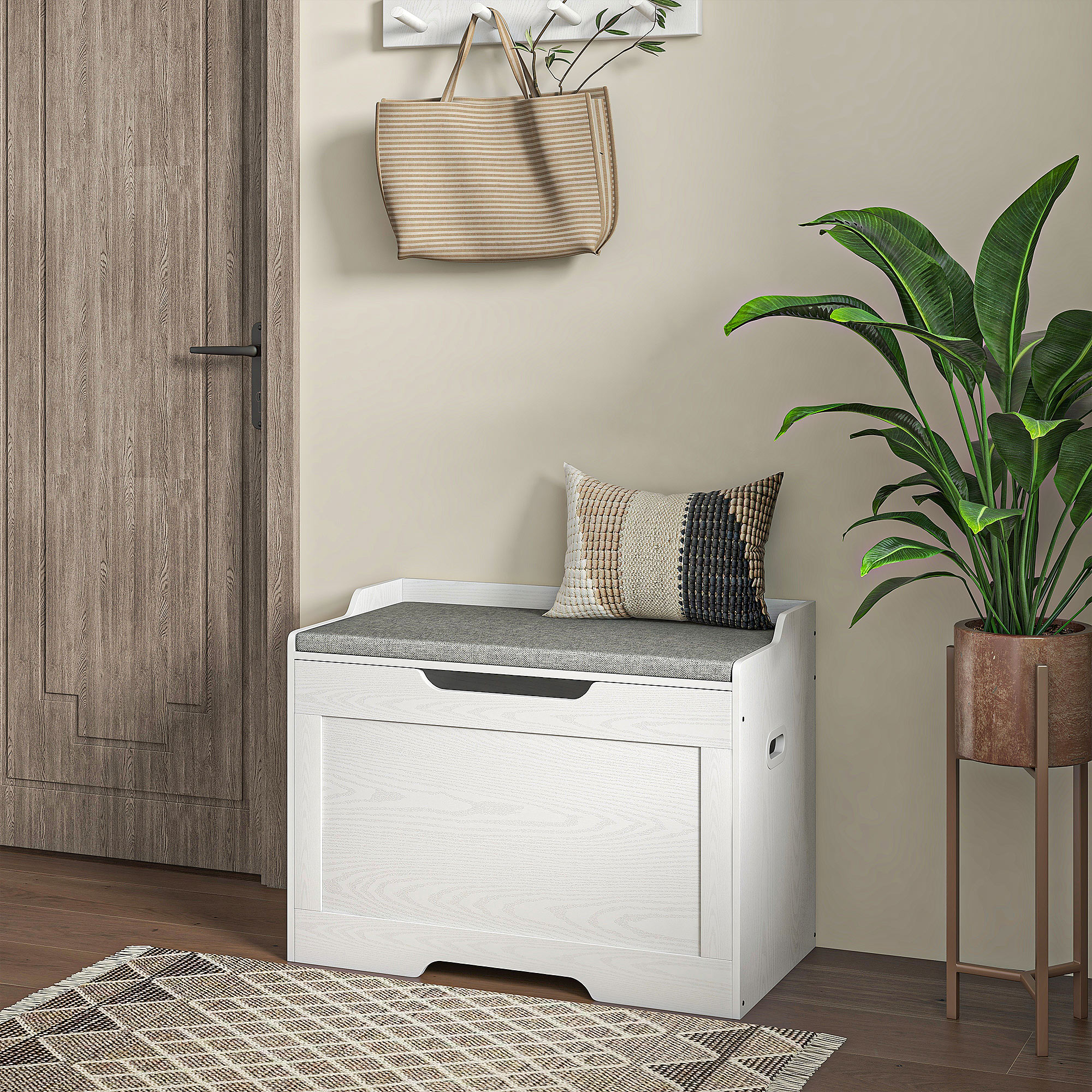 103 Liter Aufbewahrungstruhe, Stauraum-Sitzbank mit Sicherheitsscharnier, Sitzkissen, für verschiedene Zimmer, Weiß