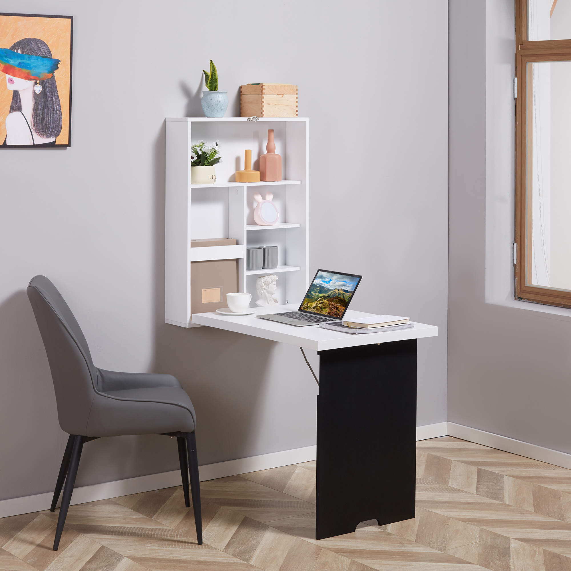 Wandschreibtisch, klappbare Tischplatte, 5 Fächer, 60x94,5x147cm, Schwarz/Weiß