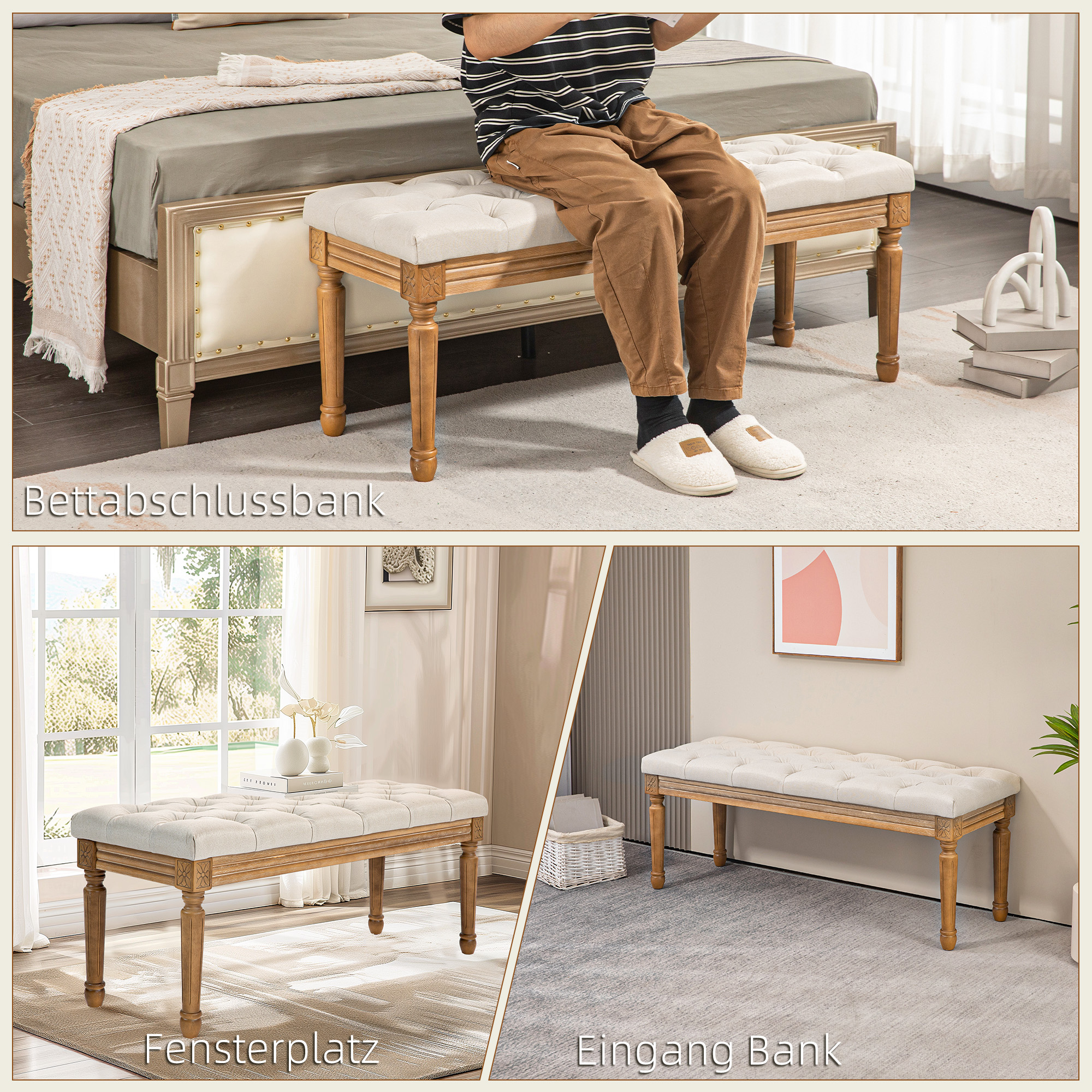 Polsterbank mit Knopfheftung, Bettbank, Vintage Design, 120x41x48cm, Cremeweiß