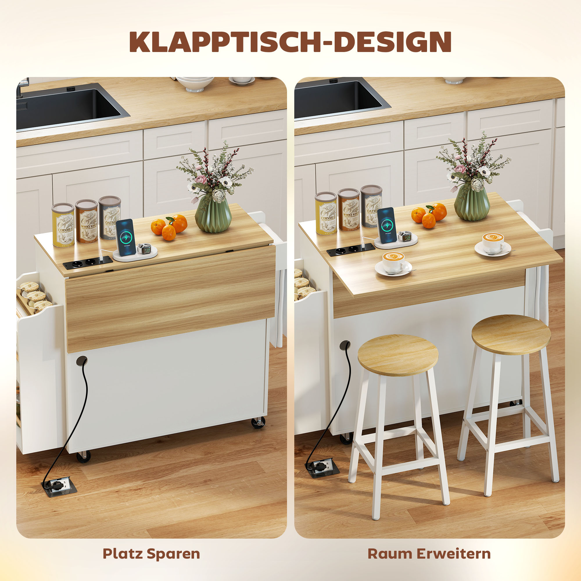 Kücheninsel, Küchenwagen auf Rollen, mit abklappbarer Arbeitsplatte, Schublade, Ablage, 120 x 68 x 85 cm, Weiß