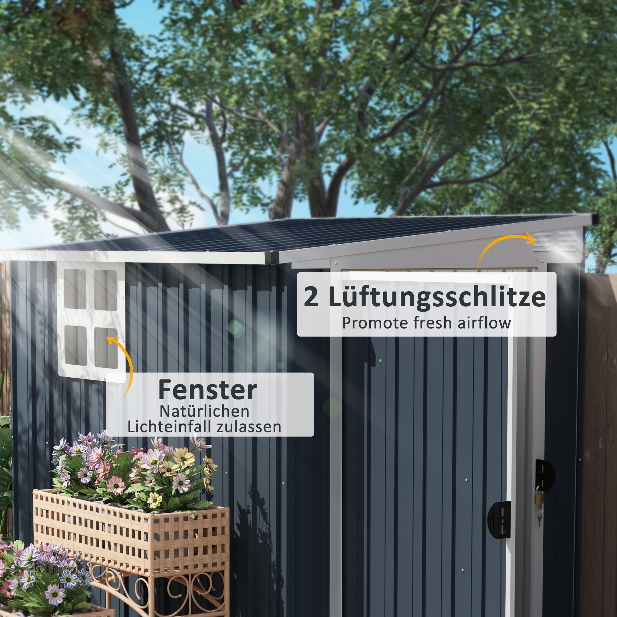 Gartenlagerschuppen, Werkzeugschuppen für Gartengeräte, Fenster, Lüftungsöffnungen, abschließbar, Stahl, Dunkelgrau