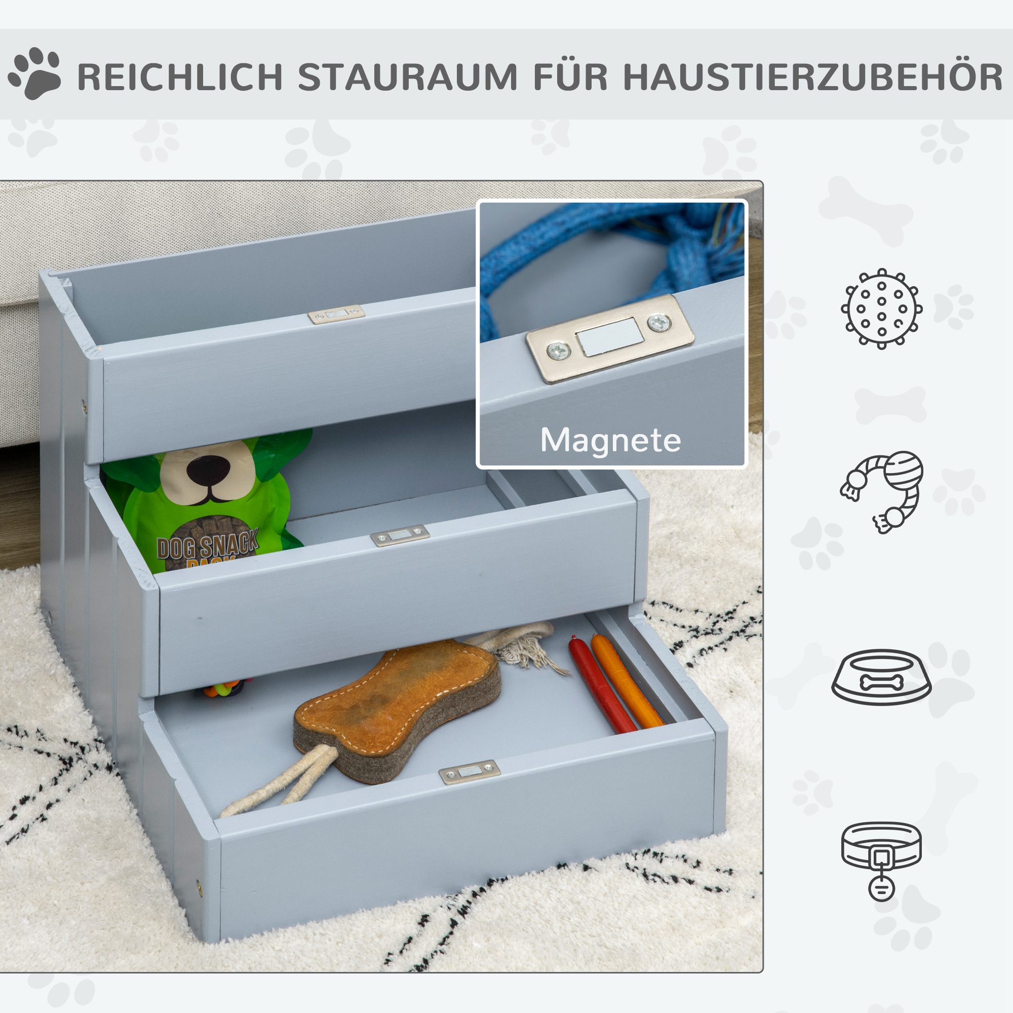 Hundetreppe 3 Stufen 38 cm Hoch Haustiertreppe für kleine bis mittelgroße Hunde Katzentreppe Hunderampe Einstiegshilfe für Bett, Sofa, Couch und Auto Grau