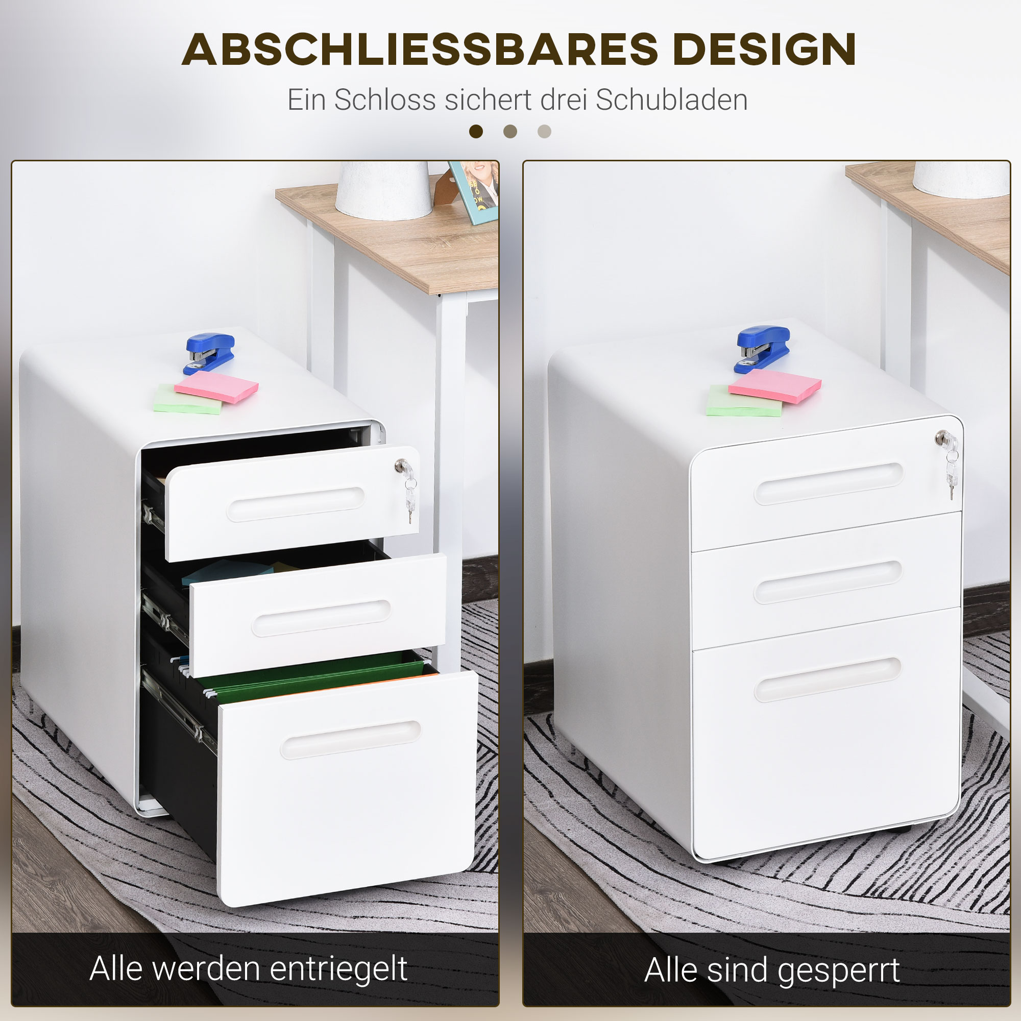Rollcontainer, Aktenschrank, Bürocontainer mit 3 Schubladen, Büroschrank, Aufbewahrung, Container, Stahl, Weiß, 39 x 48 x 59 cm