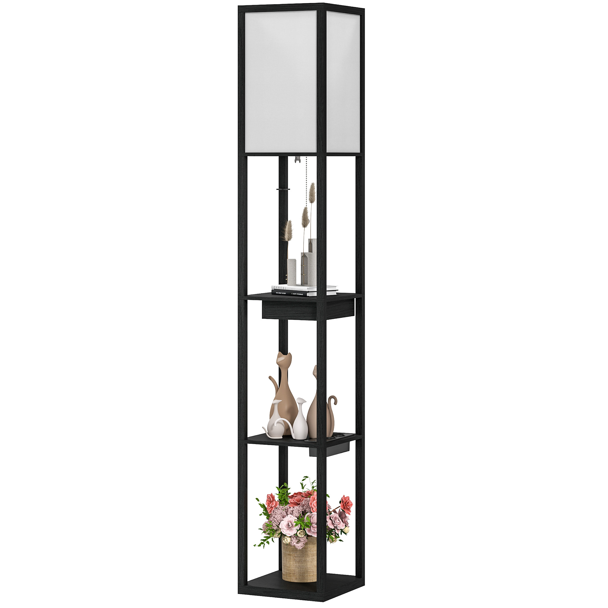 Stehlampe mit 3-stufigem Regal, Fußschalter, USB-Anschlüssen, MDF, Schwarz