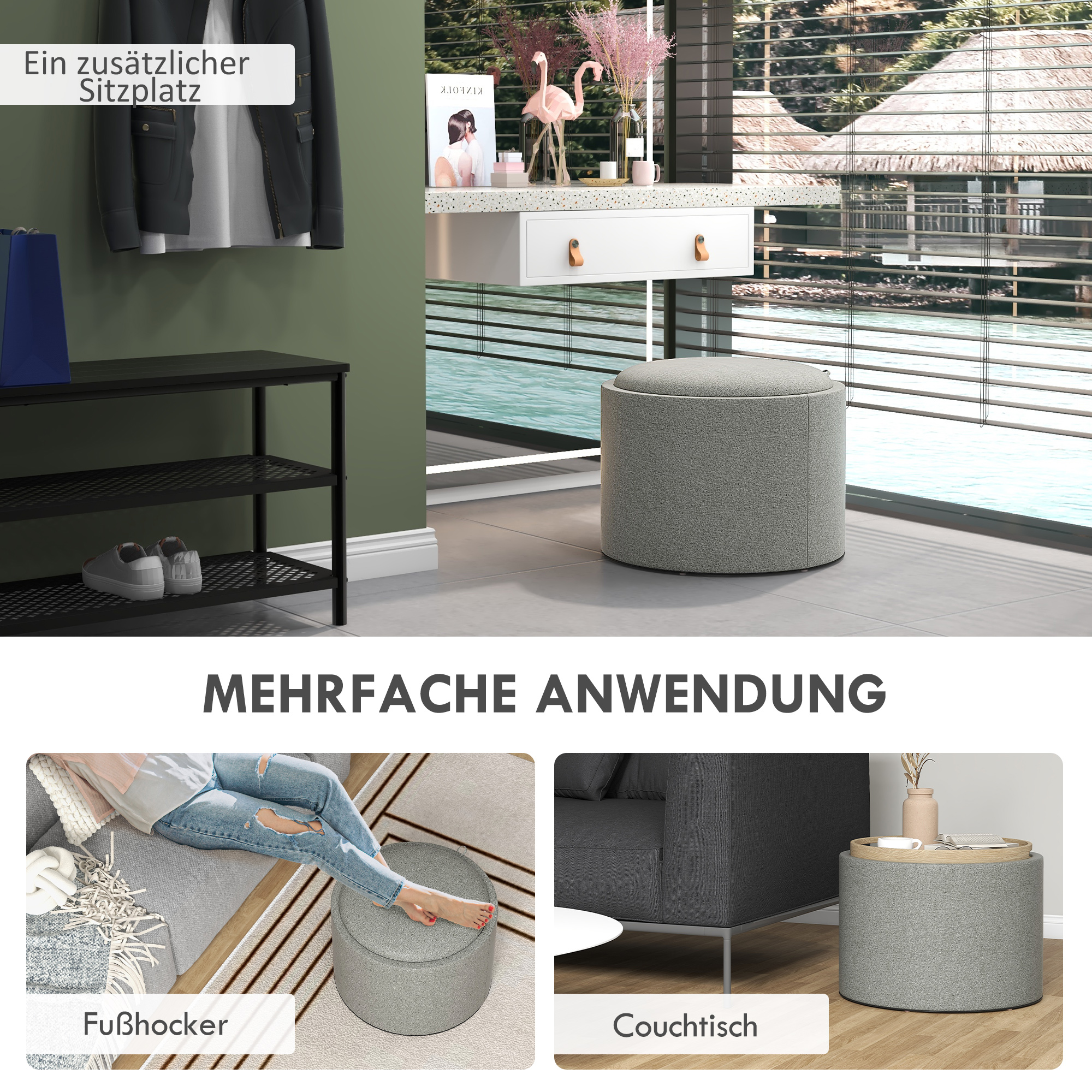 Hocker Polsterhocker, Leinen, versteckter Stauraum, umkehrbarer Deckel, 5 6cm x 56 cm x 42 cm, Grau + Natur