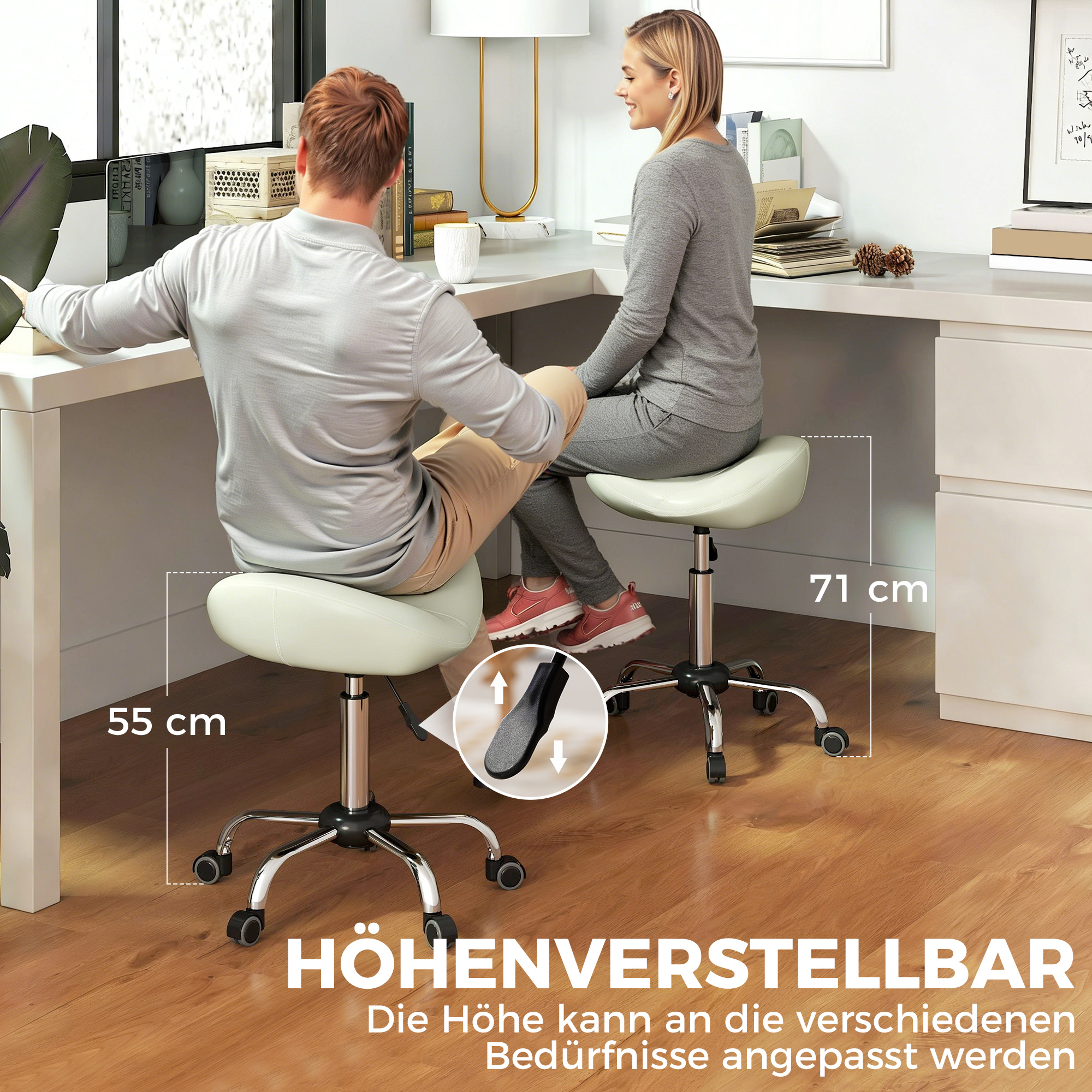 Sattelstuhl, höhenverstellbarer Rollstuhl mit PU-Leder für Massage, Spa, Klinik, Beauty und Tattoo, Cremeweiß