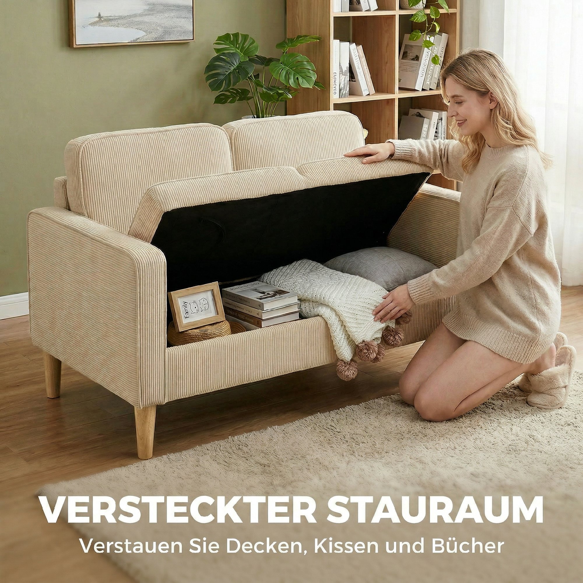Sofa 2 Sitzer Couch mit 2 Wurfkissen, Stauraum Massivholzfüßen Kleine modern Loveseat Corduroy 117 x 63 x 79 cm Beige