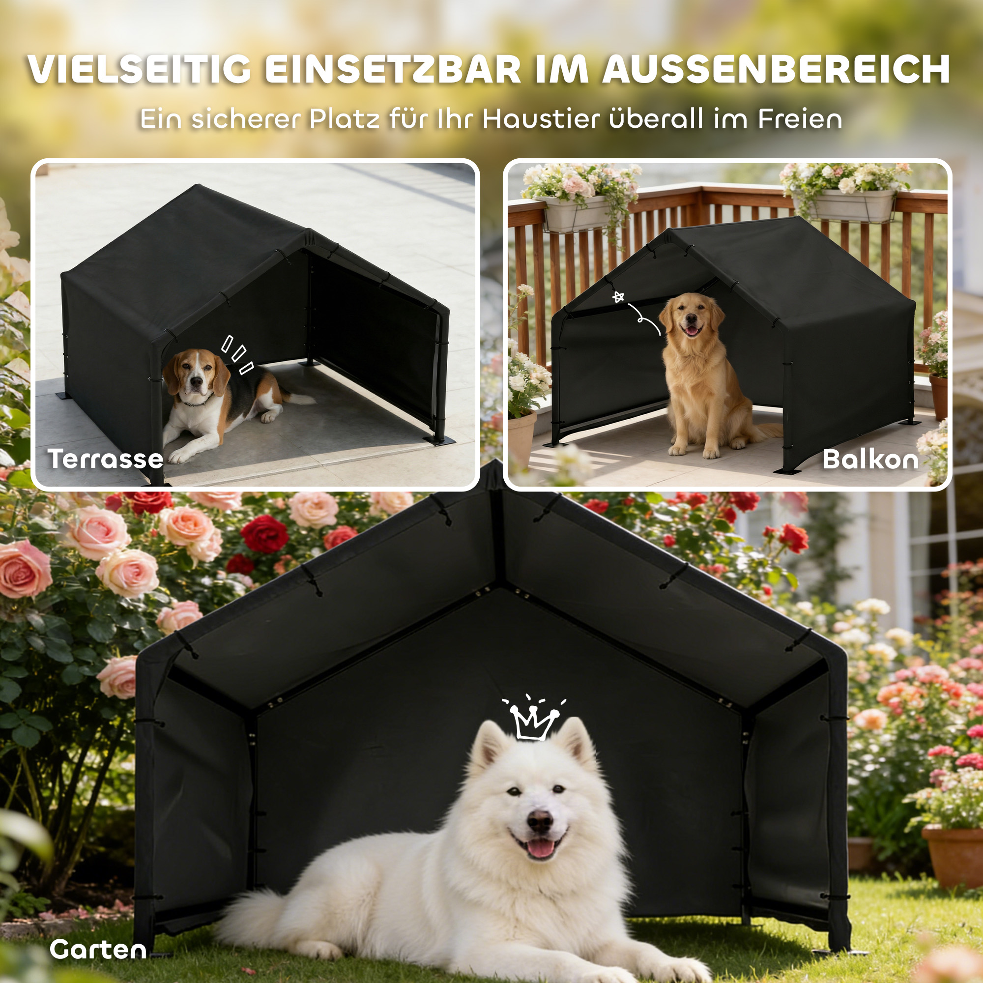 Hundehütte Hundehaus mit wasser- und UV-beständiger Überdachung, für Hunde bis 30 kg 125 x 110 x 93 cm Schwarz