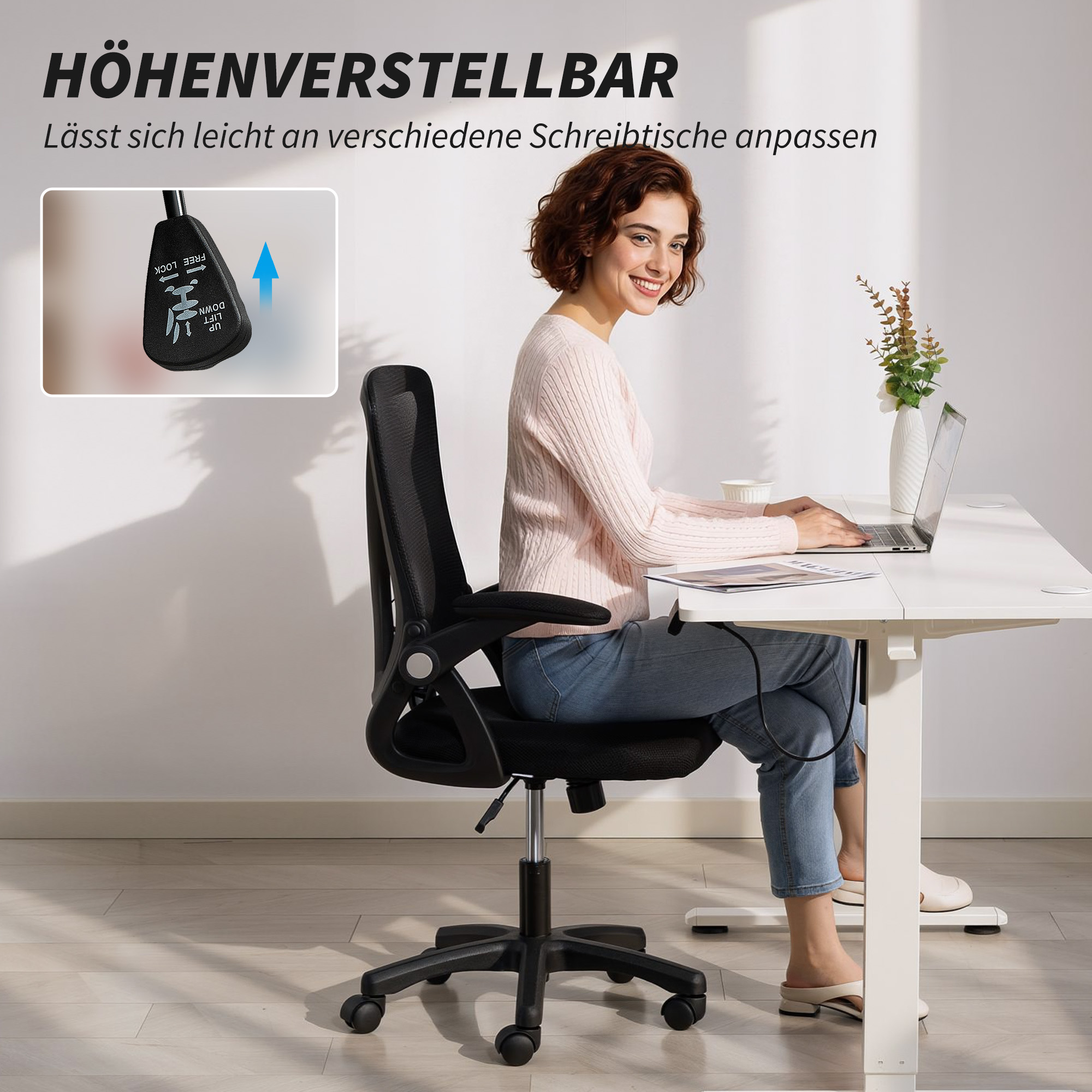 Bürostuhl Ergonomischer Höhenverstellbarer Schreibtischstuhl mit Hochklappbaren Armlehnen, Lendenwirbelstütze, Schwarz