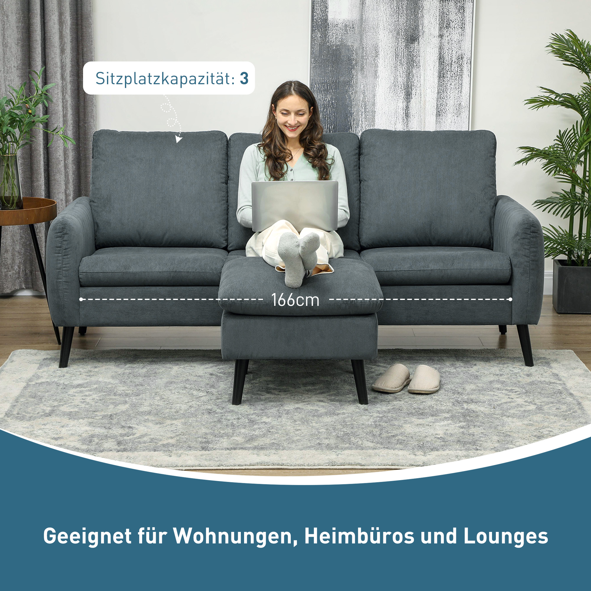 Ecksofa, 3-Sitzer-Sofa mit Fußhocker, Stoffbezug, L-förmiges Couch-Set, Dunkelgrau