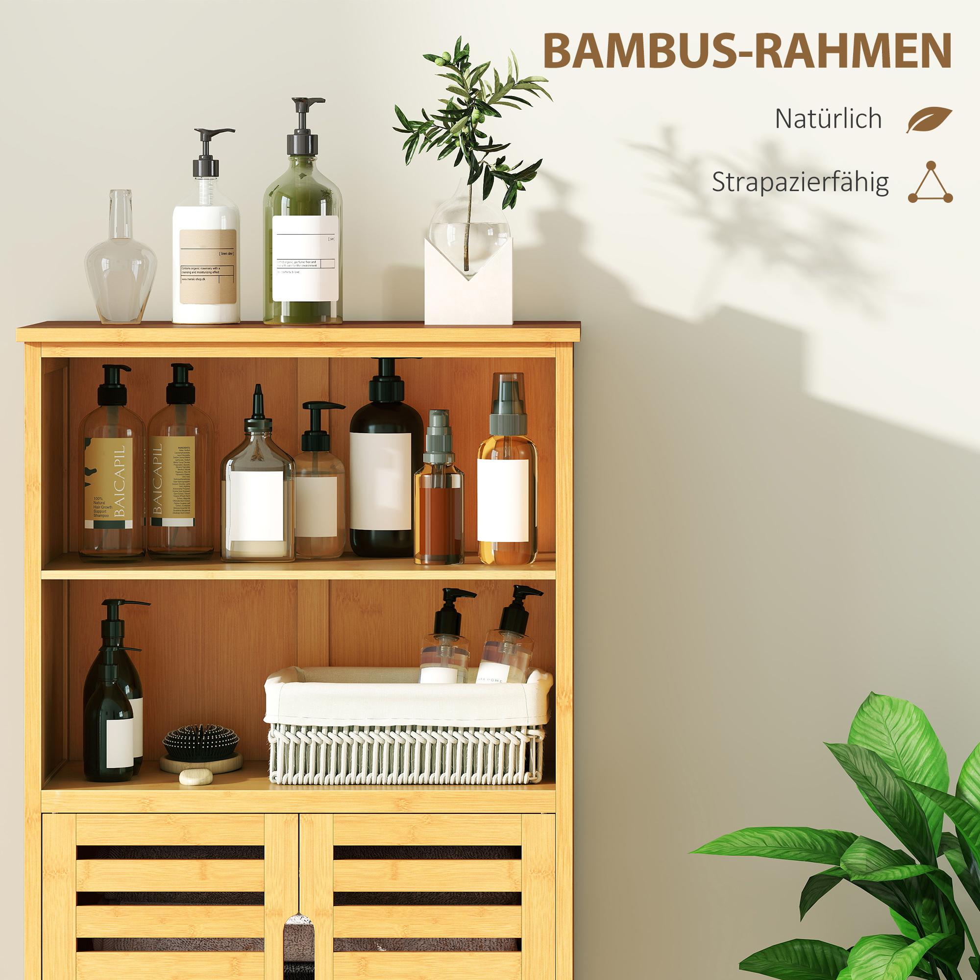 Badezimmerschrank aus Bambus, mit Lamellentüren, 2 Regale, 1 Schrank, 50 cm x 29 cm x 92 cm, Natur
