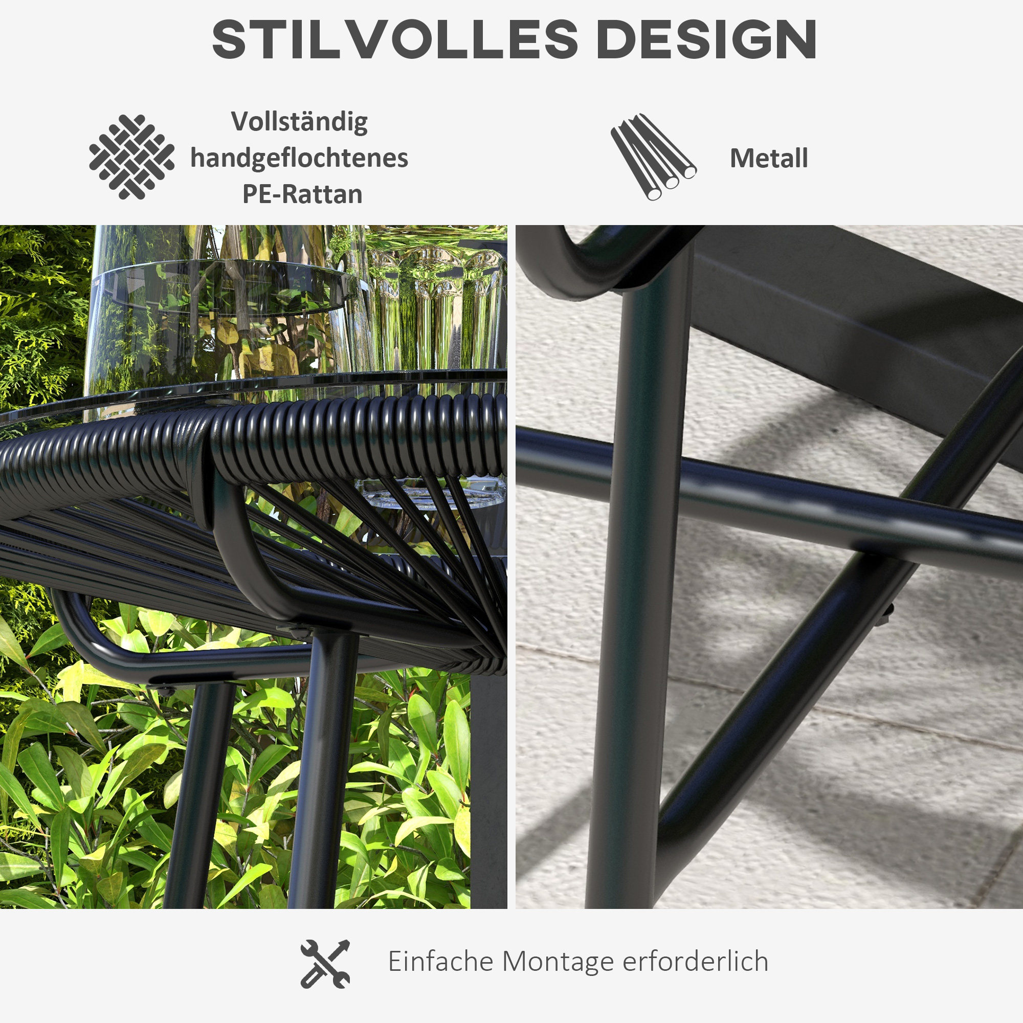 Gartentisch Boho-Stil Outdoor Beistelltisch, PE-Rattan, gehärtetes Glas, wetterbeständig, 50 cm x 50 cm x 50 cm, Schwarz