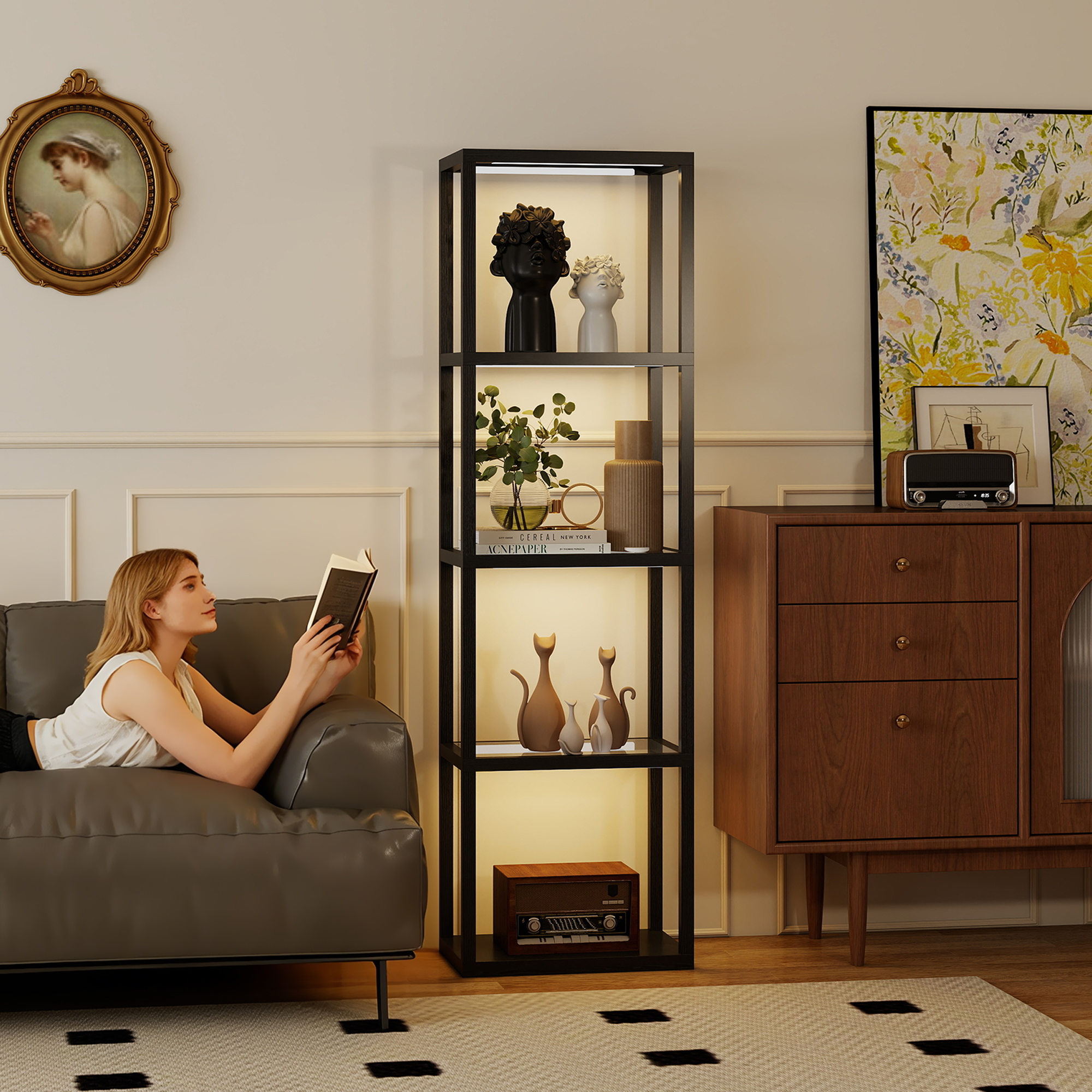 RGB Stehlampe mit Glasregalen, 4-Ebenen-LED-Stehleuchte mit Fernbedienung, Musiksynchronisation, Schwarz