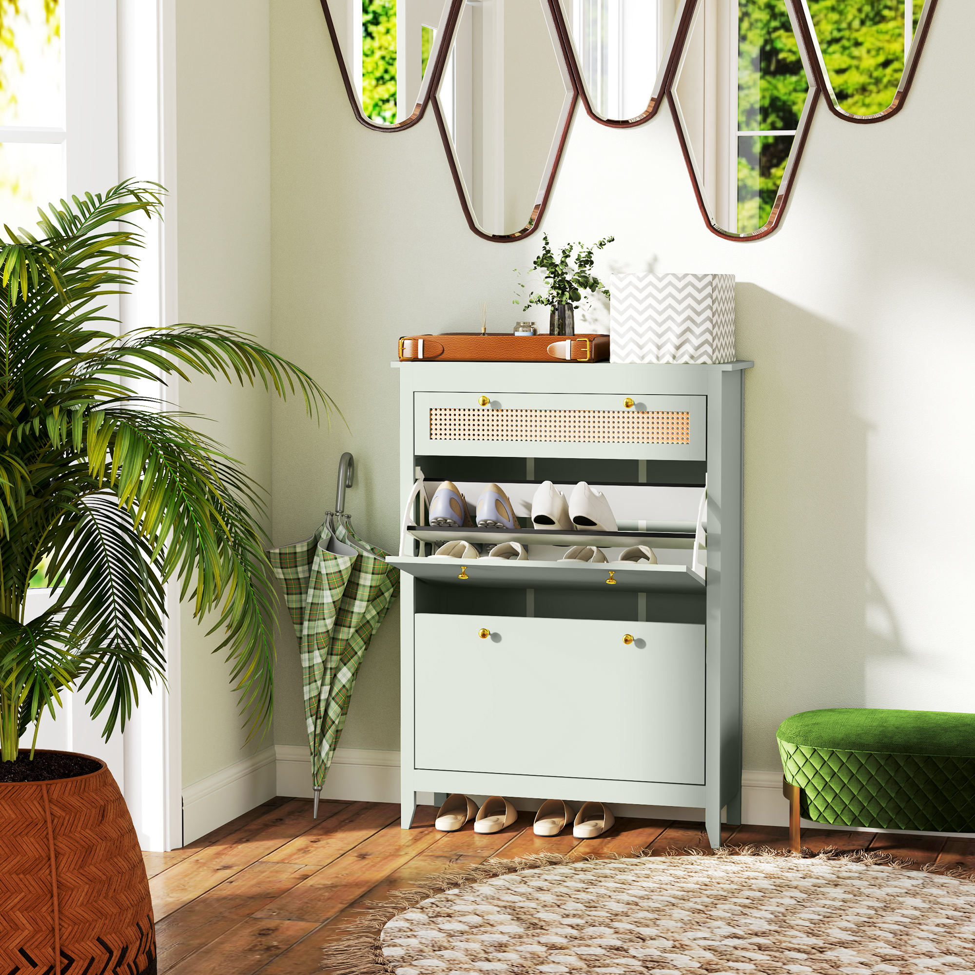 Schuhschrank für 12 Paar Schuhe, mit 1 ausziehbaren Schublade, 2 Flip-Schubladen, Schuhkommode, 88 x 30 x 120 cm, Grün