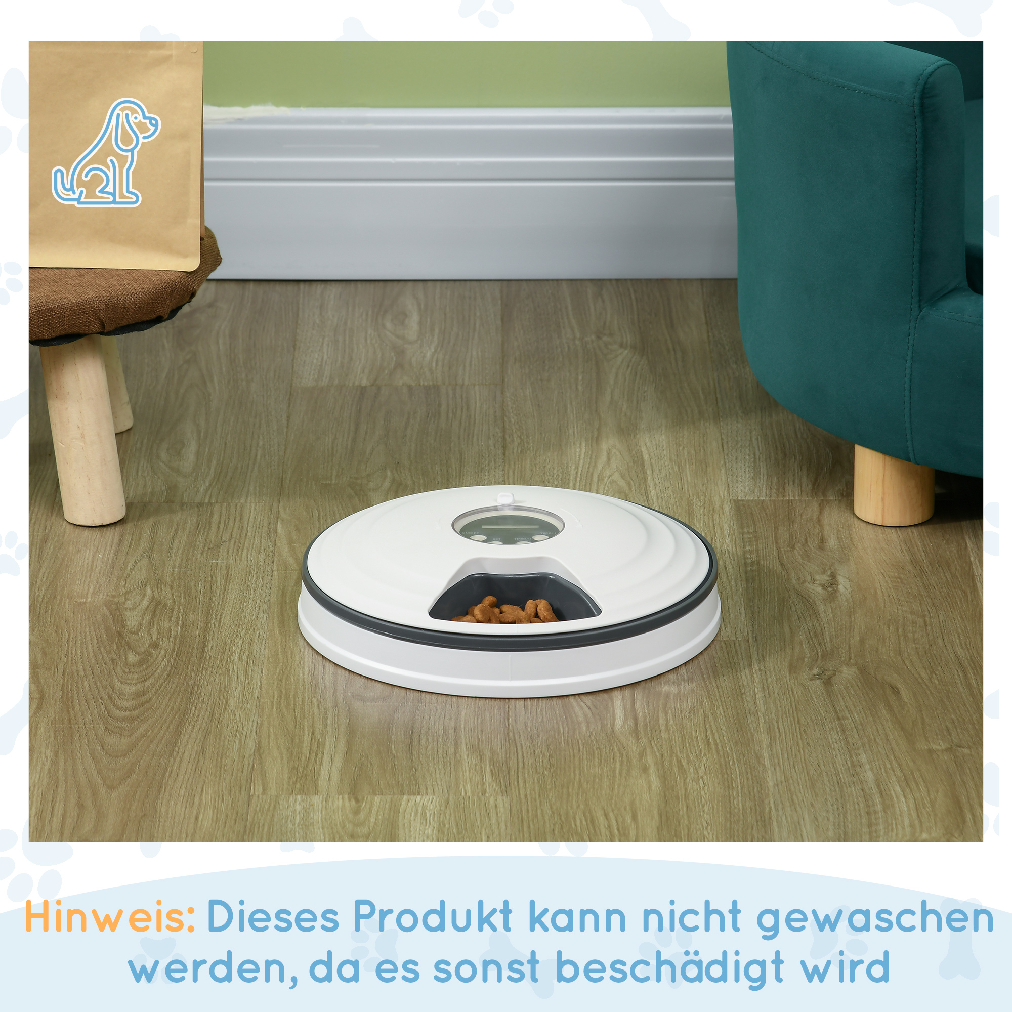 Futterautomat Katze Nassfutter Katzenfutter mit LED-Display, Programmierbarem Timer, 6 Futter-Fächer für je 70 g Trockenfutter 4 Mahlzeiten Automatischer Futterspender für Hunde Katzen