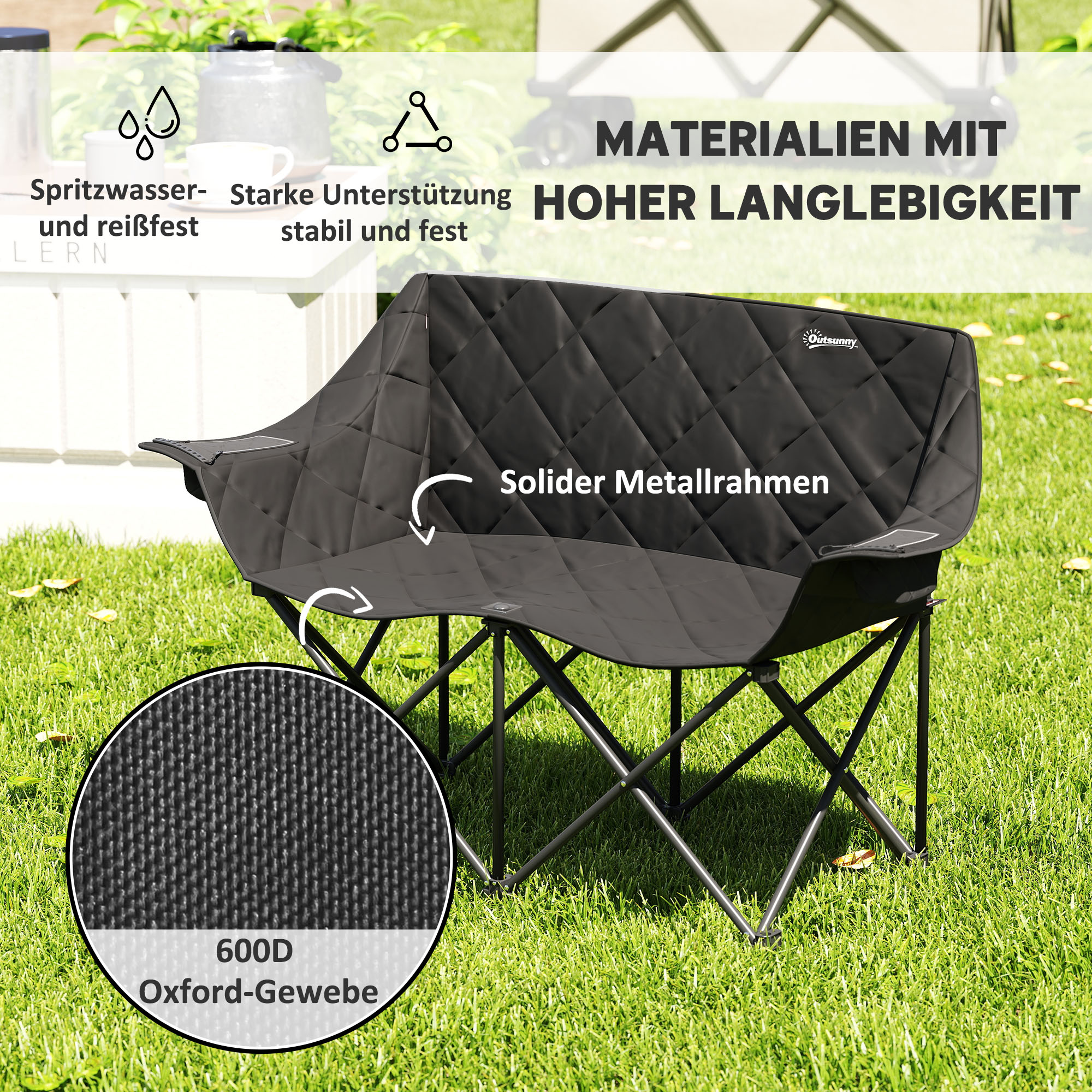 Faltstuhl faltbar 2 Sitzer Campingstuhl mit Tragetasche Outdoor bis 250kg belastbar 145 x 60 x 92 cm Schwarz
