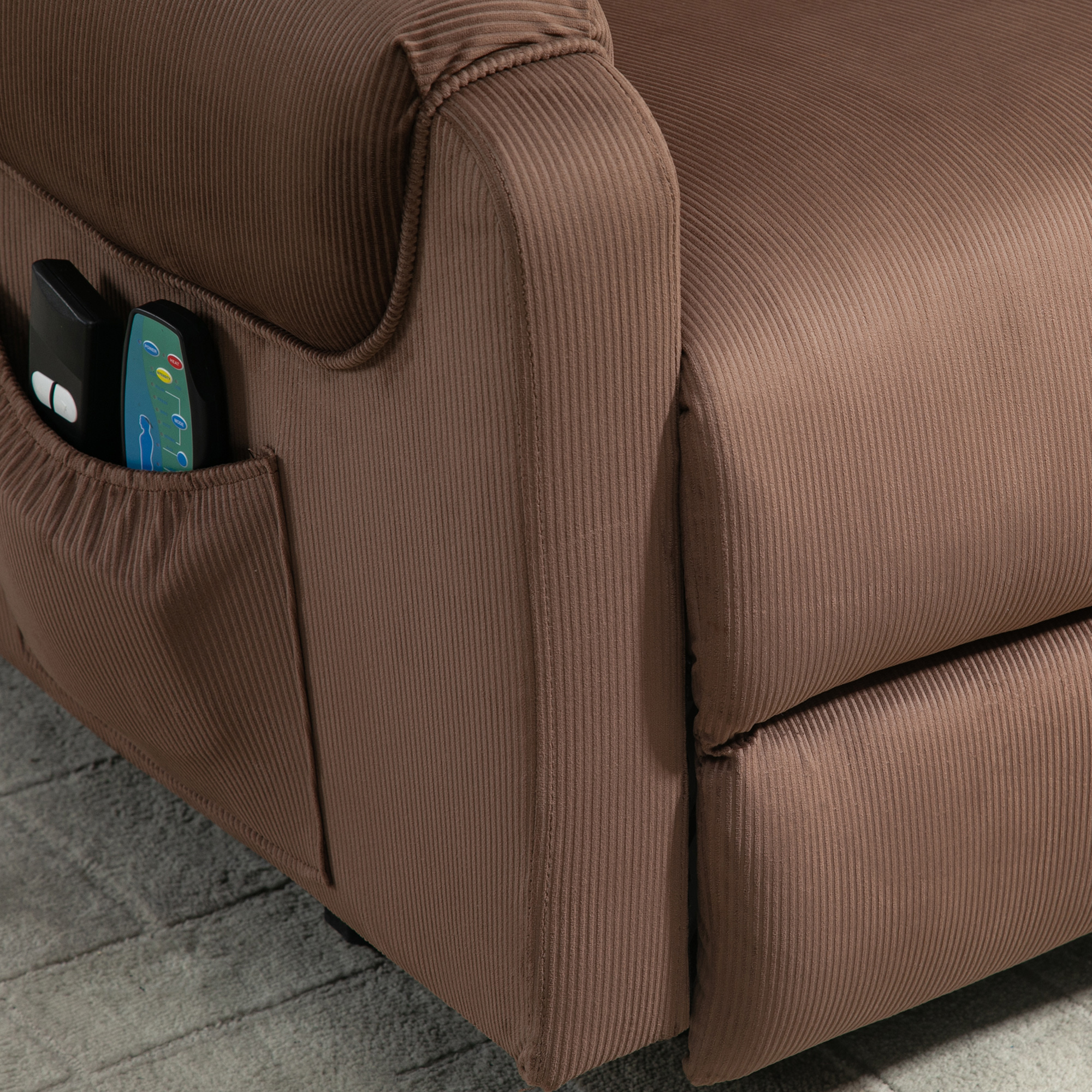 Fernsehsessel mit Aufstehhilfe Elektrisch, Massagesessel mit Liegefunktion und Wärmefunktion, Relaxsessel mit Fernbedienung und Seitentasche Verstellbar Polyester-Gewebe Braun