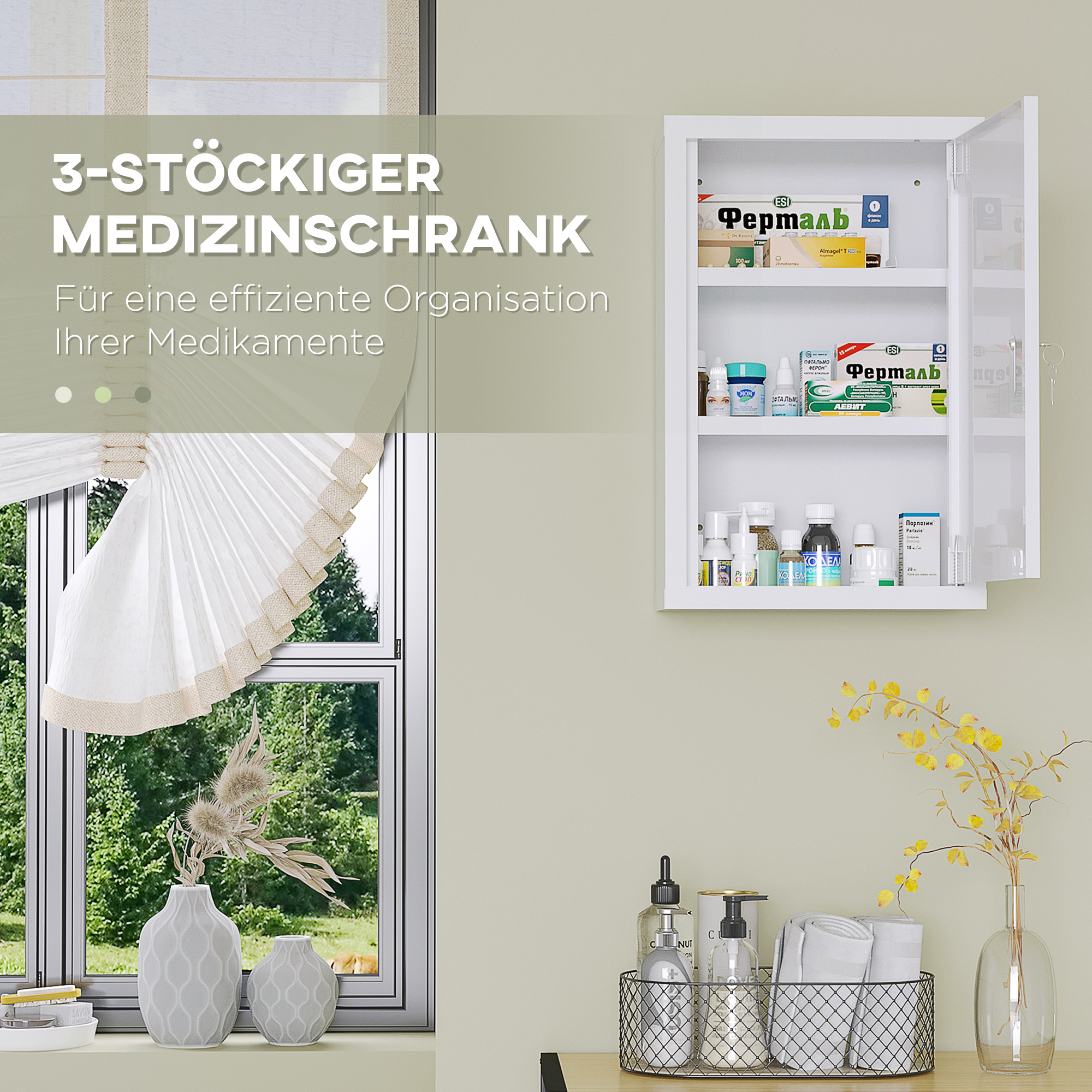 Medizinschrank, abschließbar, Einlegeböden, Stahlgehäuse, 30x14x46 cm, Weiß