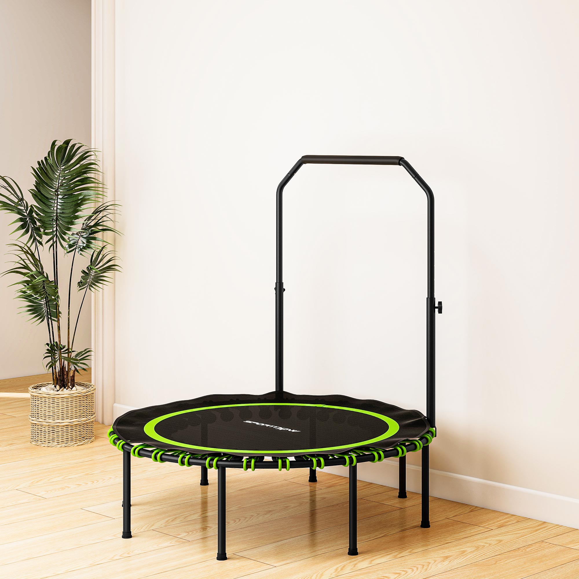 Fitness-Trampolin mit verstellbarem Handlauf, Sport-Trampolin für drinnen und draußen, Stahl, Kunststoff, Grün