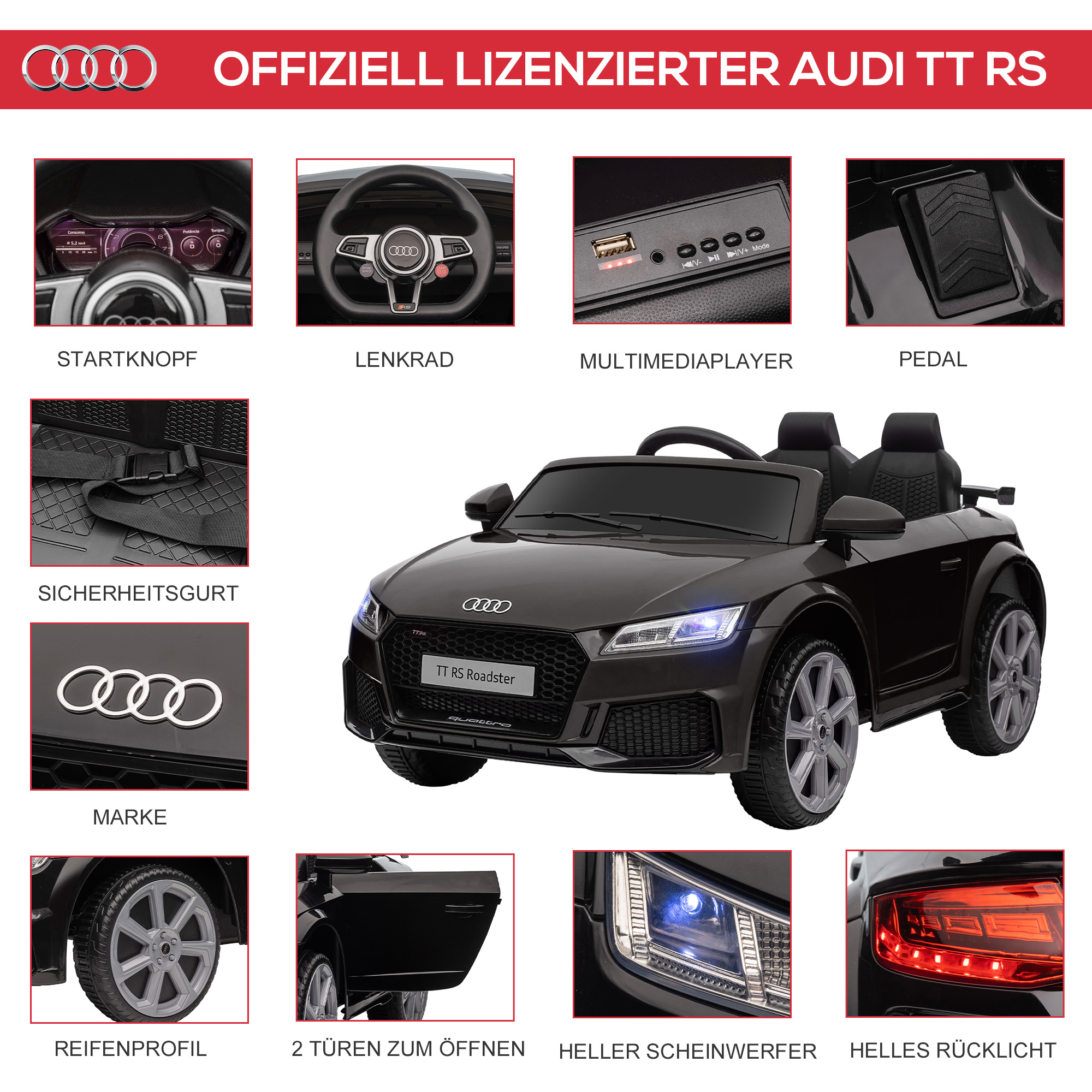 Kinderfahrzeug Audi TT RS Roadster, 3 km/h, Fernbedienung, LED, USB, schwarz