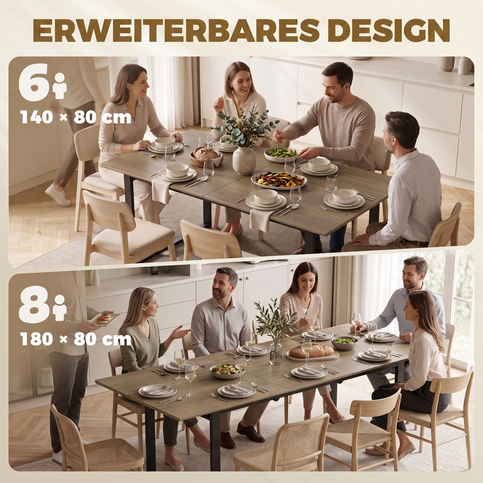 ausziehbarer Esstisch 140-180 cm für 6-8 Personen, rechteckig im Industrial-Design mit Stahlgestell, Braun