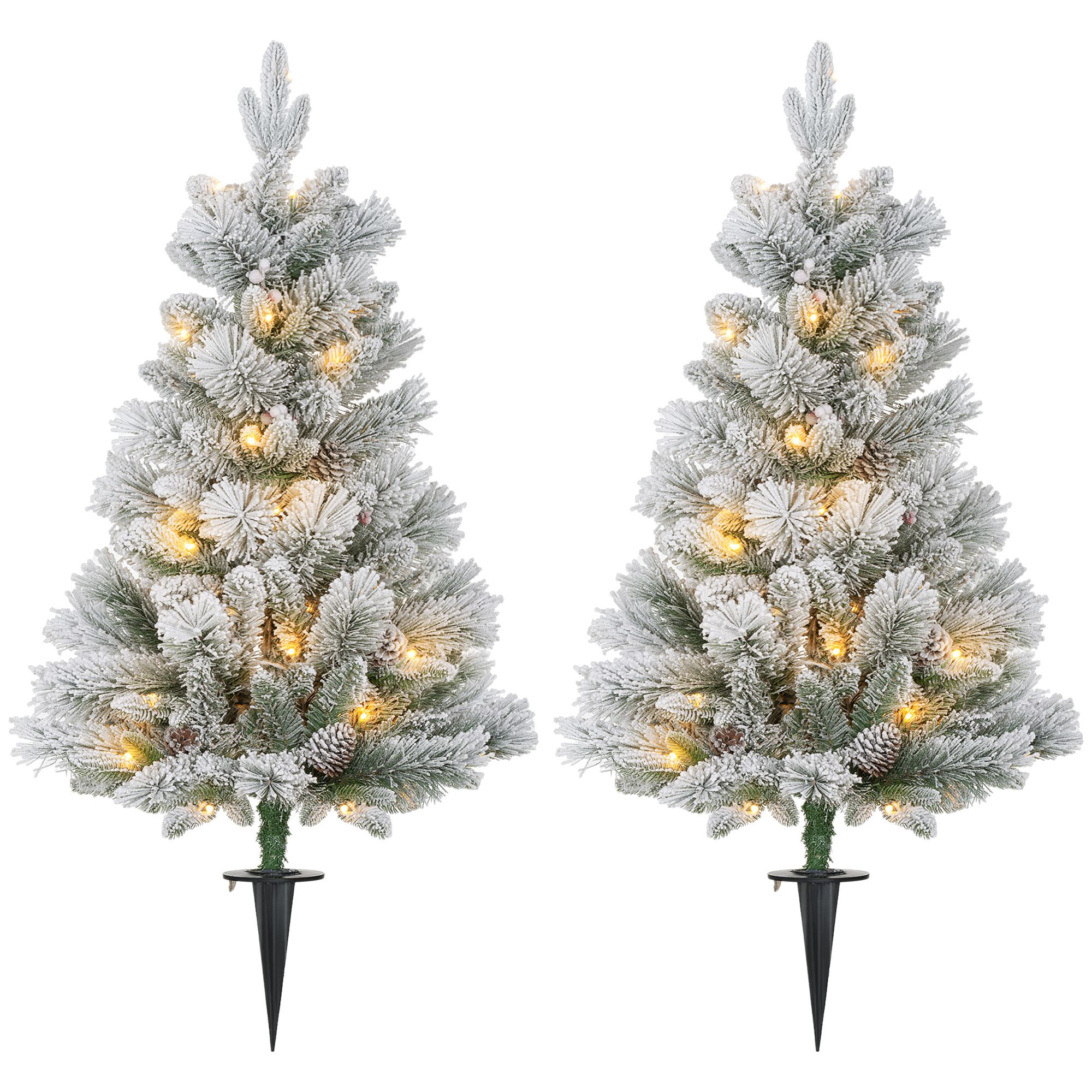 Weihnachtsbaum mit LED-Beleuchtung, 2er-Set, 107 cm, Tannenzapfen, rote Beeren, feuersicher, Grün/Weiß