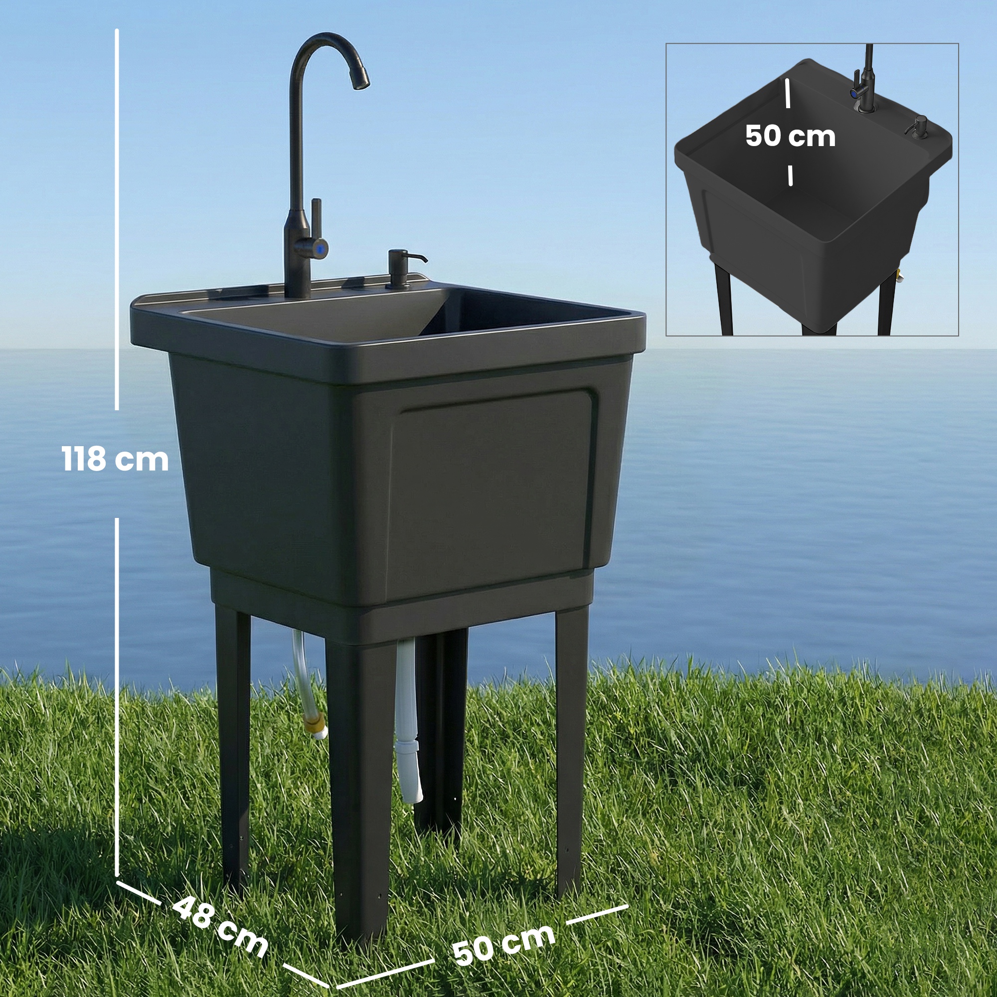 tragbares Camping-Waschbecken mit Seifenspender, Wasserhahn, Einlass- und Ablaufschläuchen, Schwarz