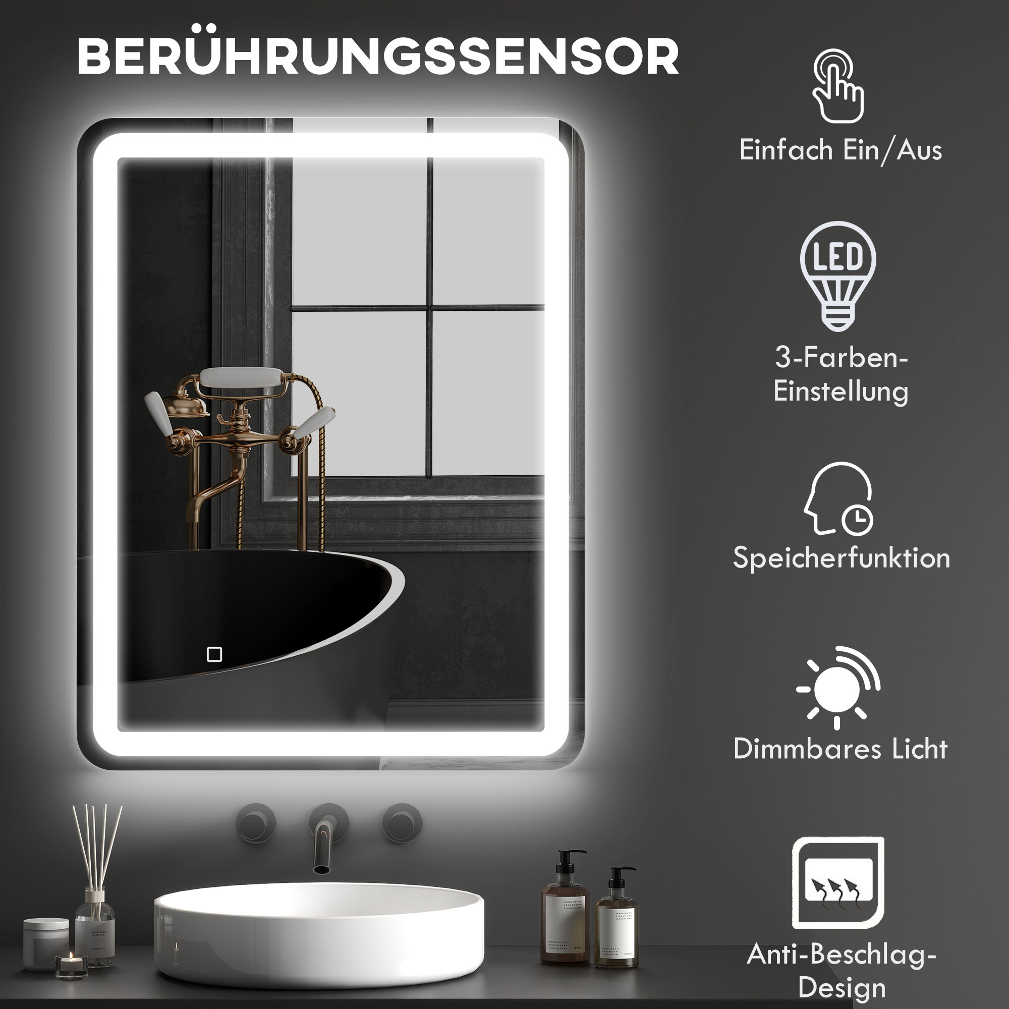Badezimmerspiegel, beleuchtet, Touch-Steuerung, beschlagfrei, dimmbar, 3 Lichtfarben, 70x90, Silber